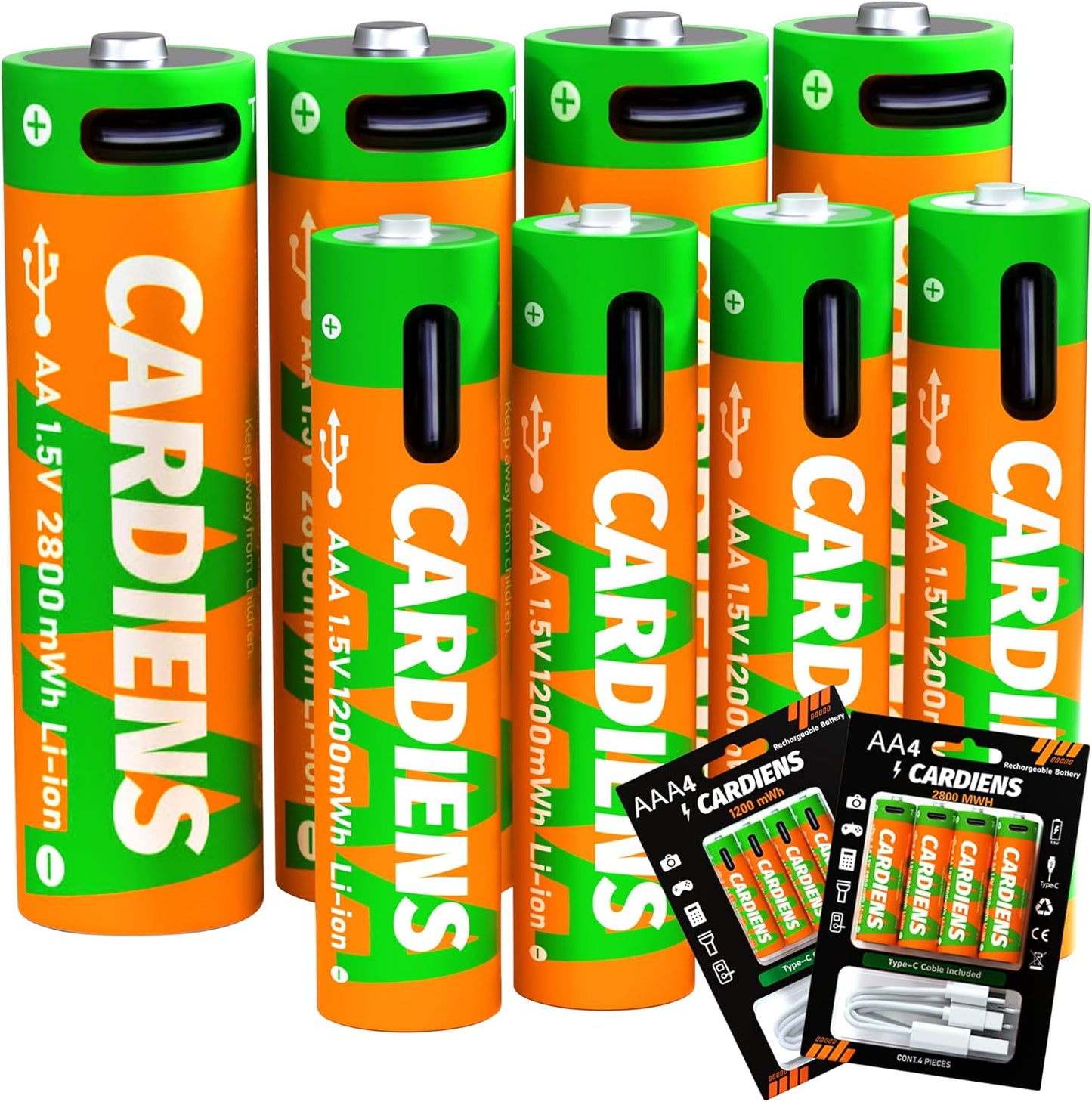 USB Rechargeable 1.5V Lithium Batteries 8-Pack w/ USB-C Cable