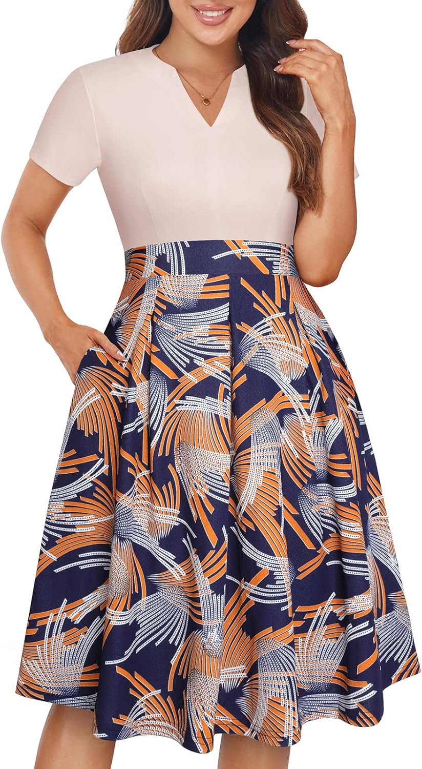 YATHON Womens Elegant Print Notched Neck Casual A-Line Dress