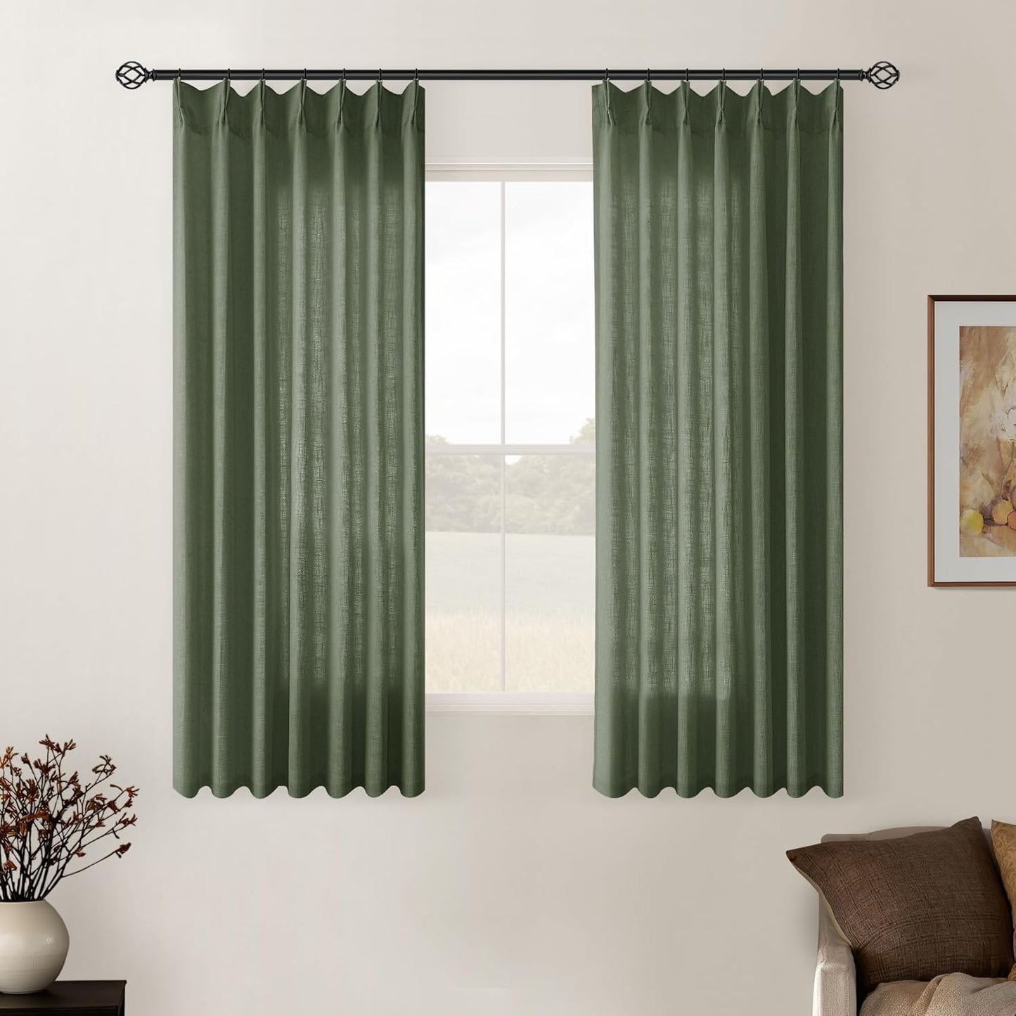 Olive Green Linen Curtains 45 Inch Length for Small Windows