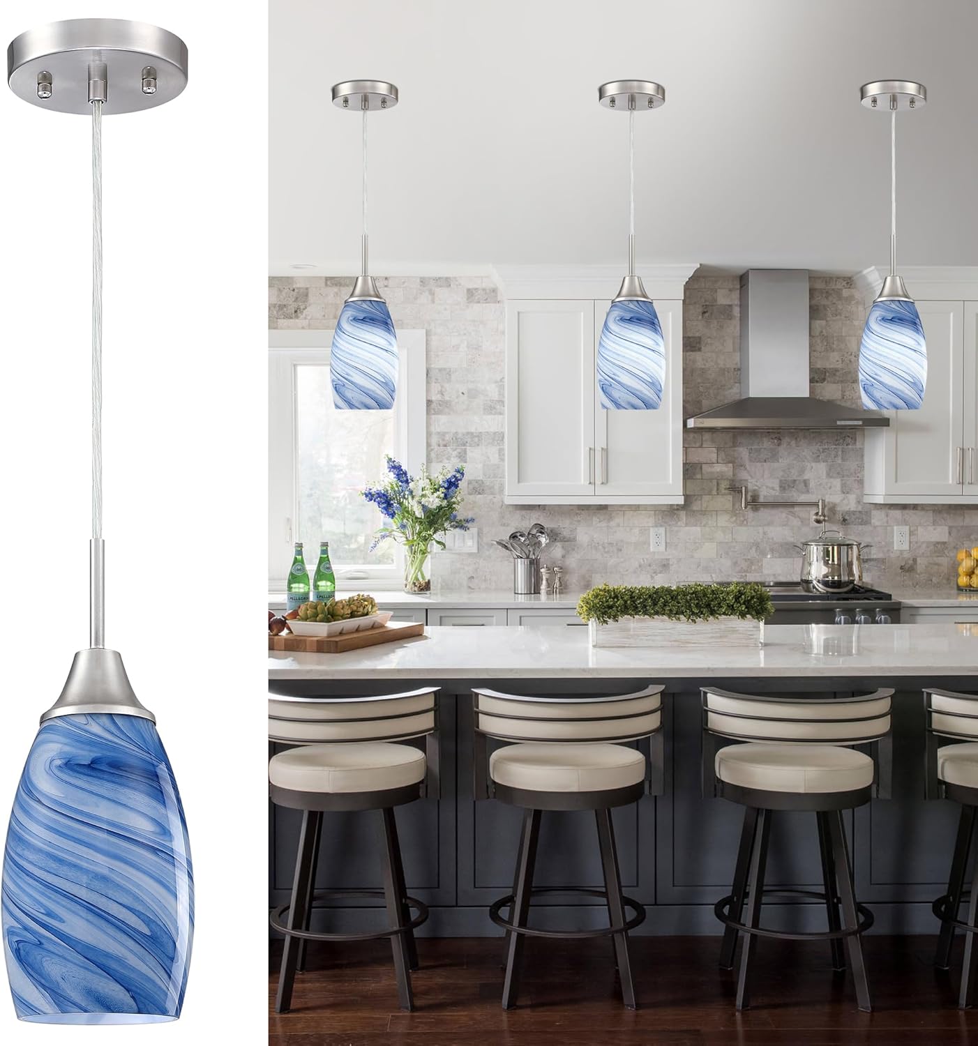 Handblown Dark Blue Marble Glass Pendant Light 3-Pack Set