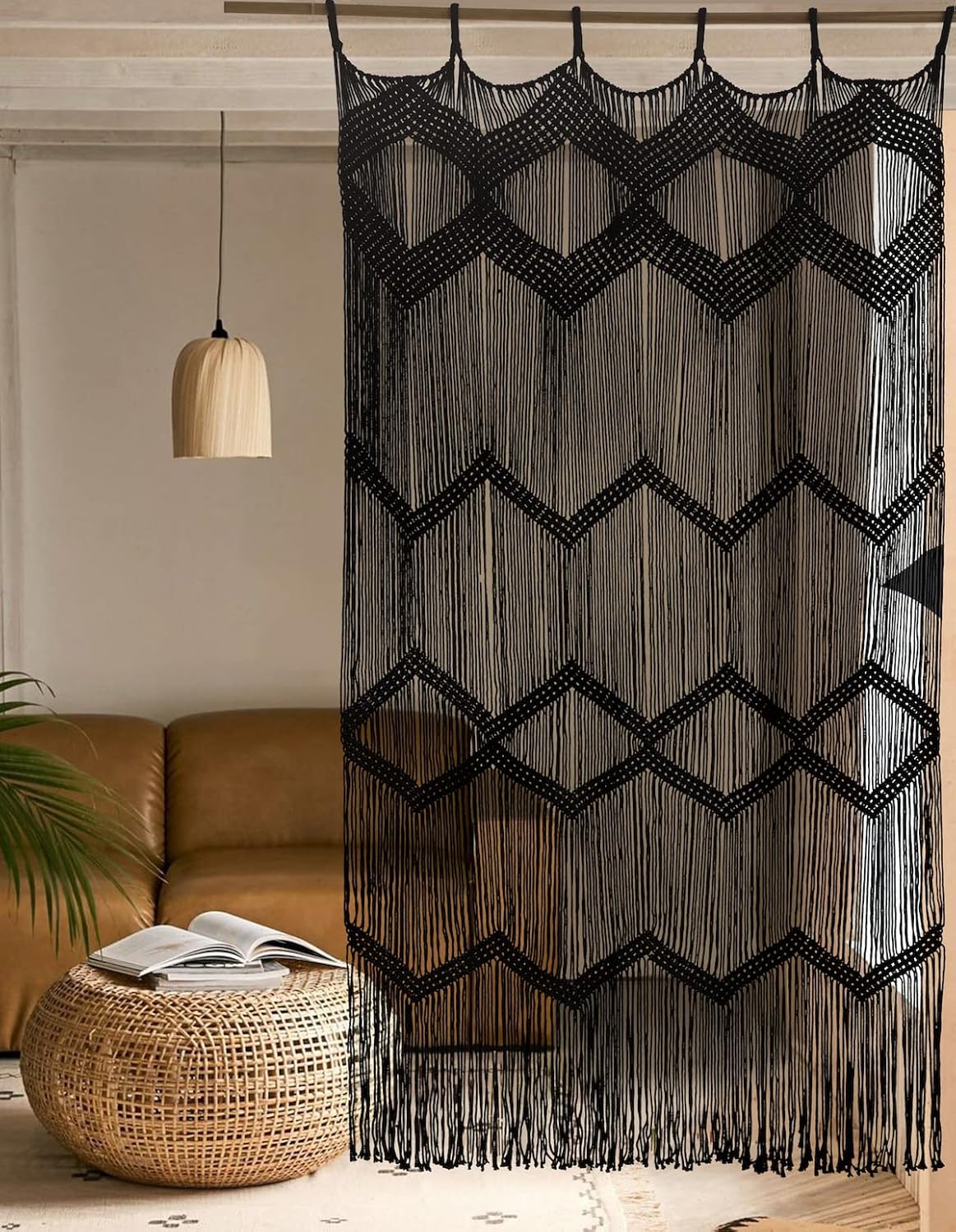 Flber Macrame Curtain Black Boho Window Decor for Any Space
