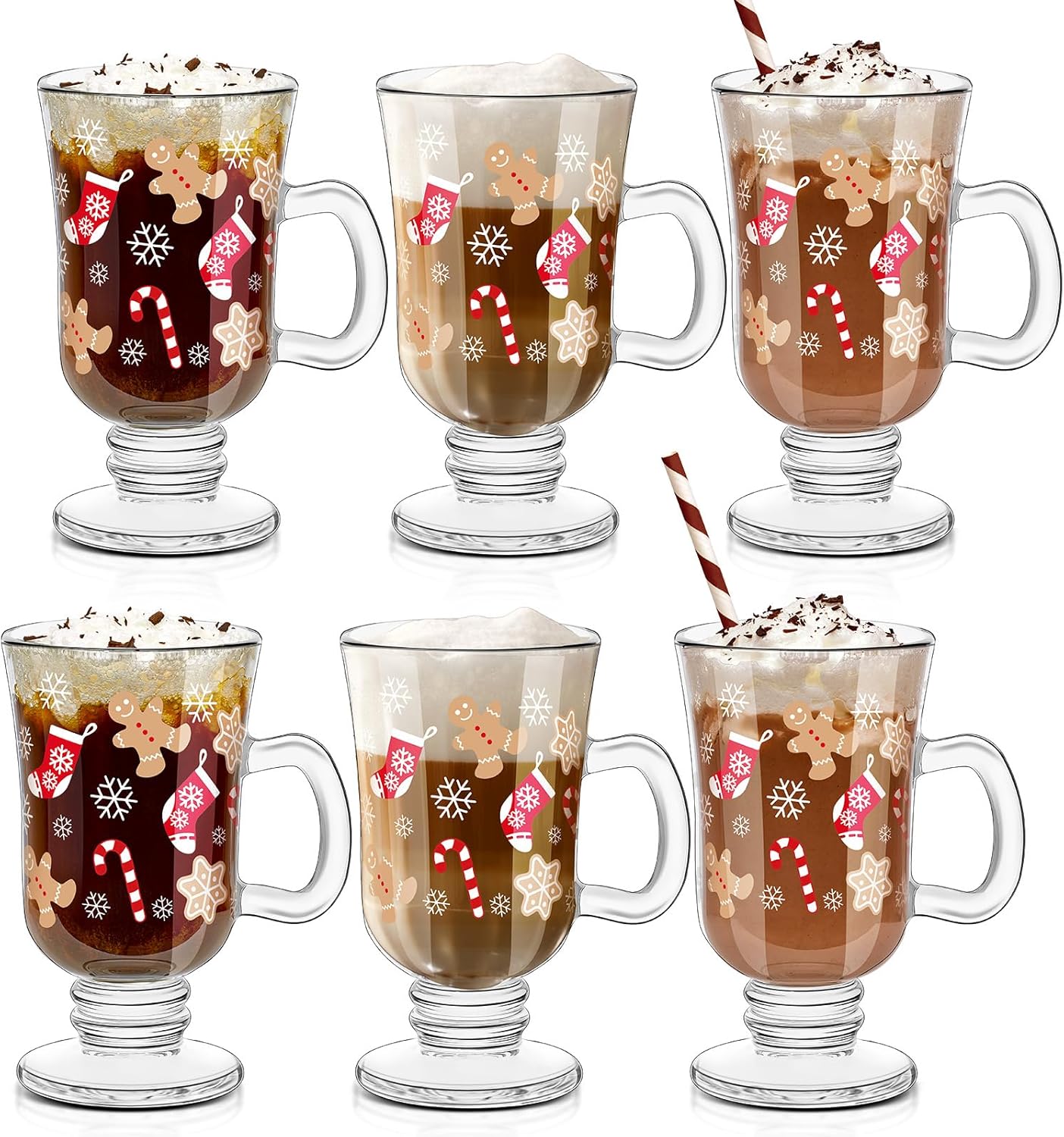 Sliner Set of 6 Christmas Glass Coffee Mugs for Holiday Beverages