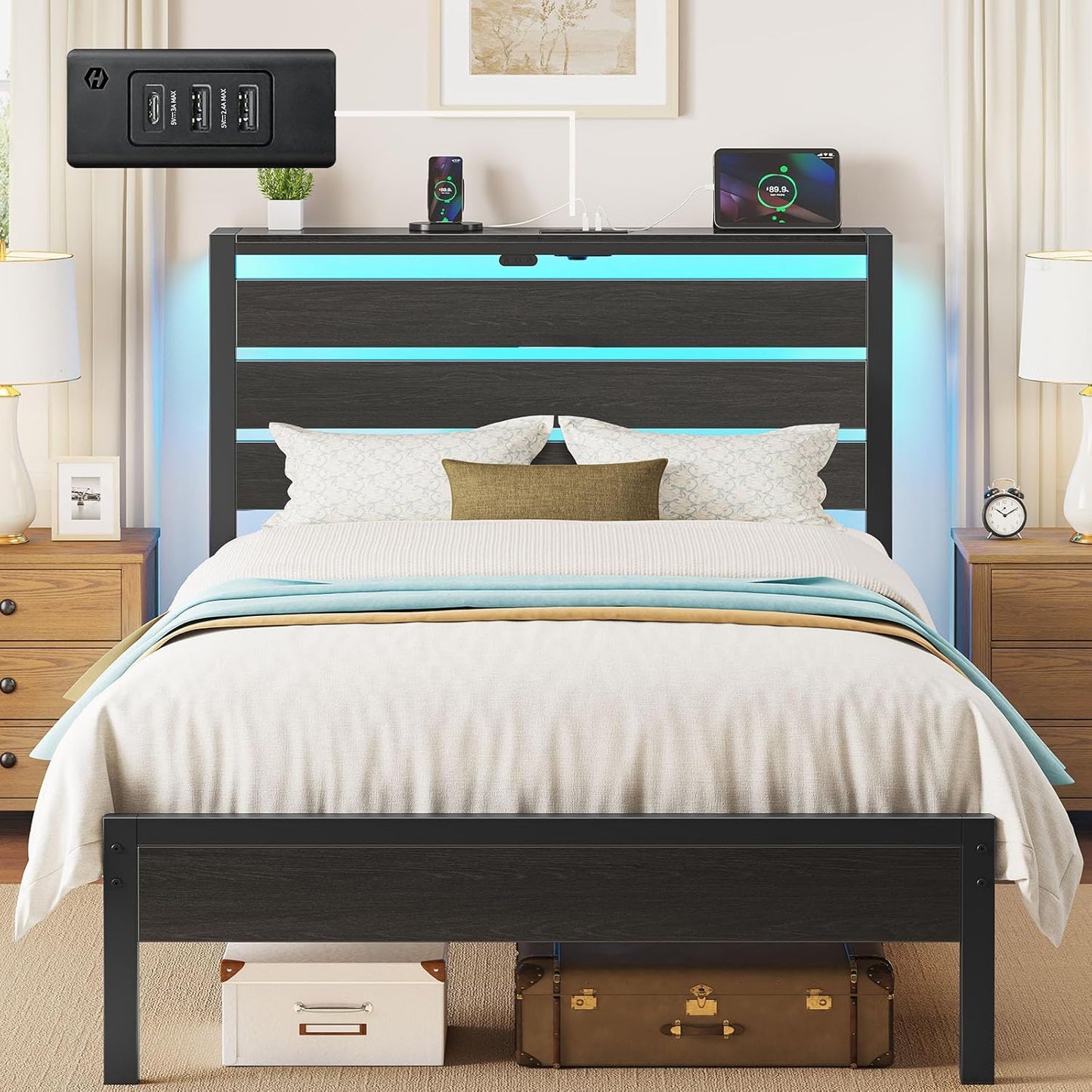 Rolanstar Twin Bed Frame with USB Charging Station and LED Lights