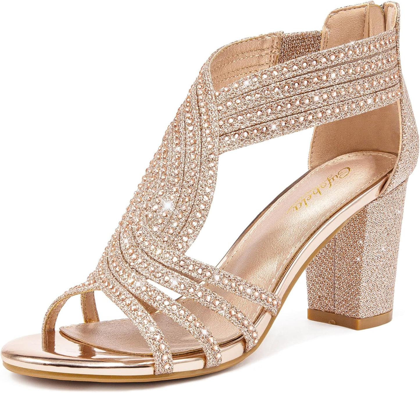 Women's Rhinestone Sparkly Chunky Block Heel Sandals for Events