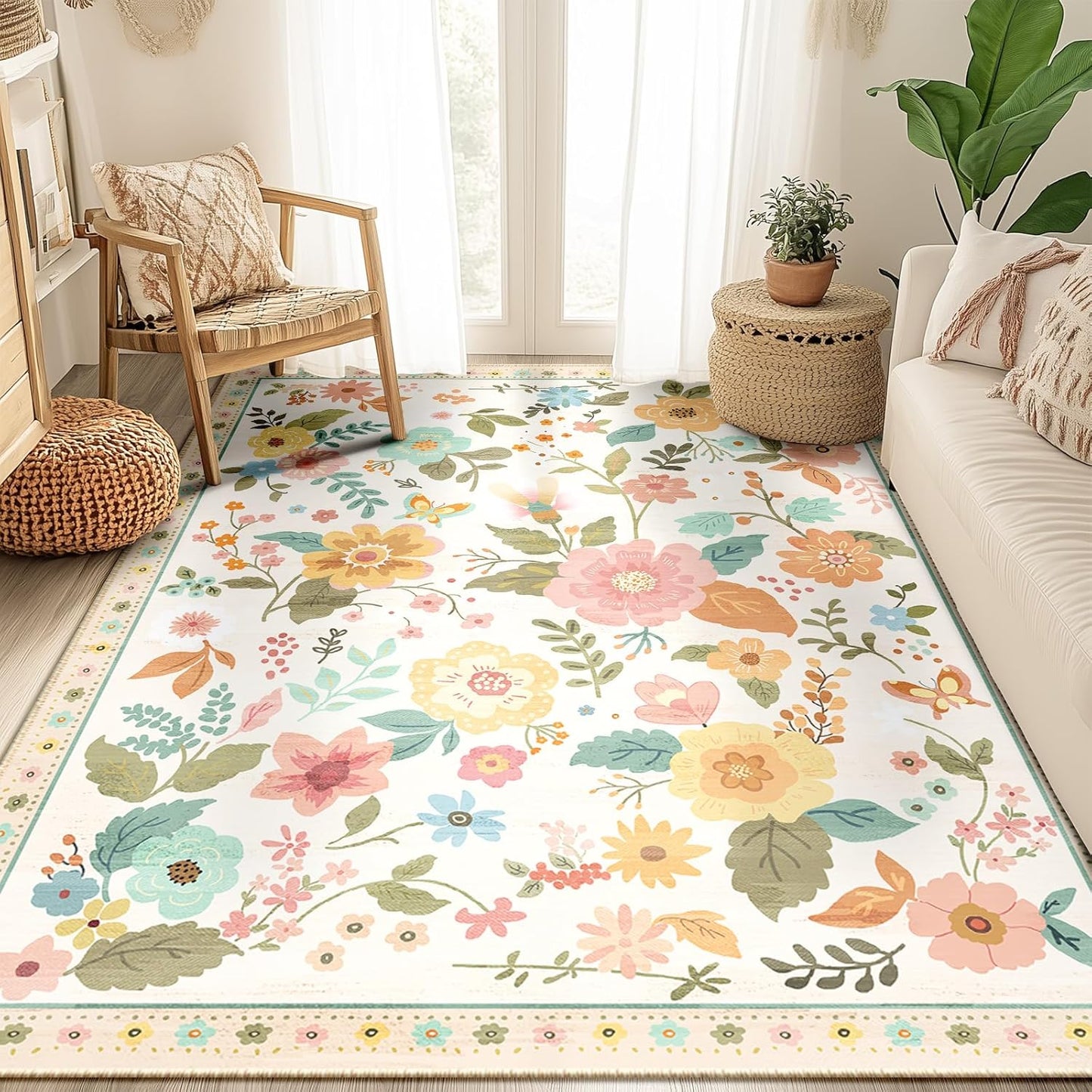 Floral 5x7 Area Rug Soft Print Boho Carpet Non Slip Doormat