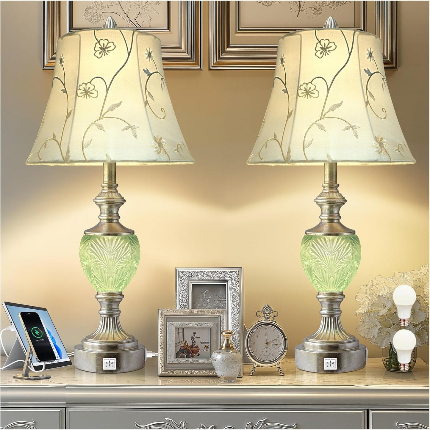 Vintage Table Lamp Set of 2 with USB Ports for Nightstand