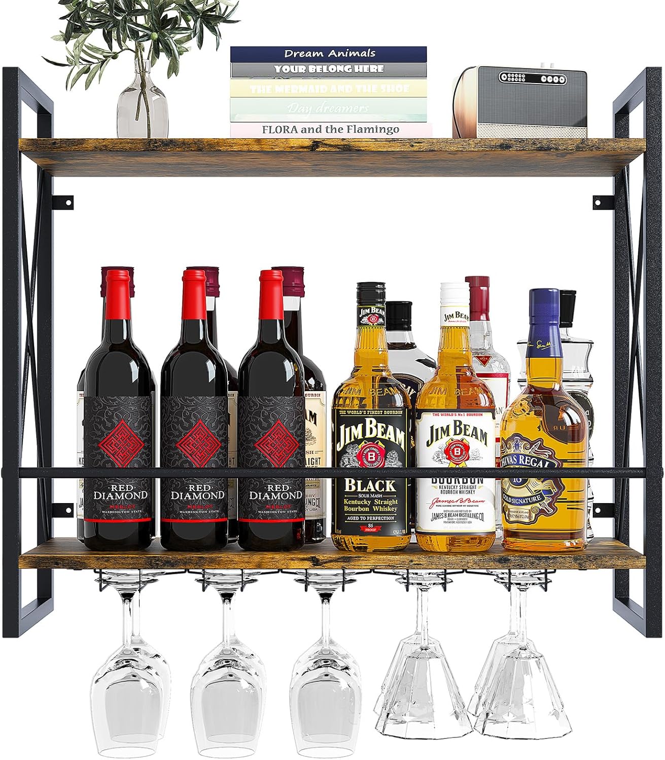 Dokser Wine Rack Wall Mounted 2 Tier Shelf for Home Bar Decor