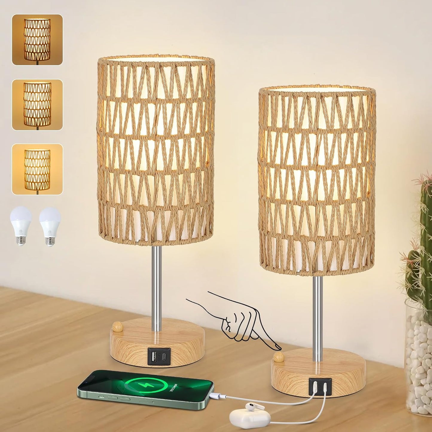 Touch Control Bedside Lamps Set of 2 with USB Charging Ports