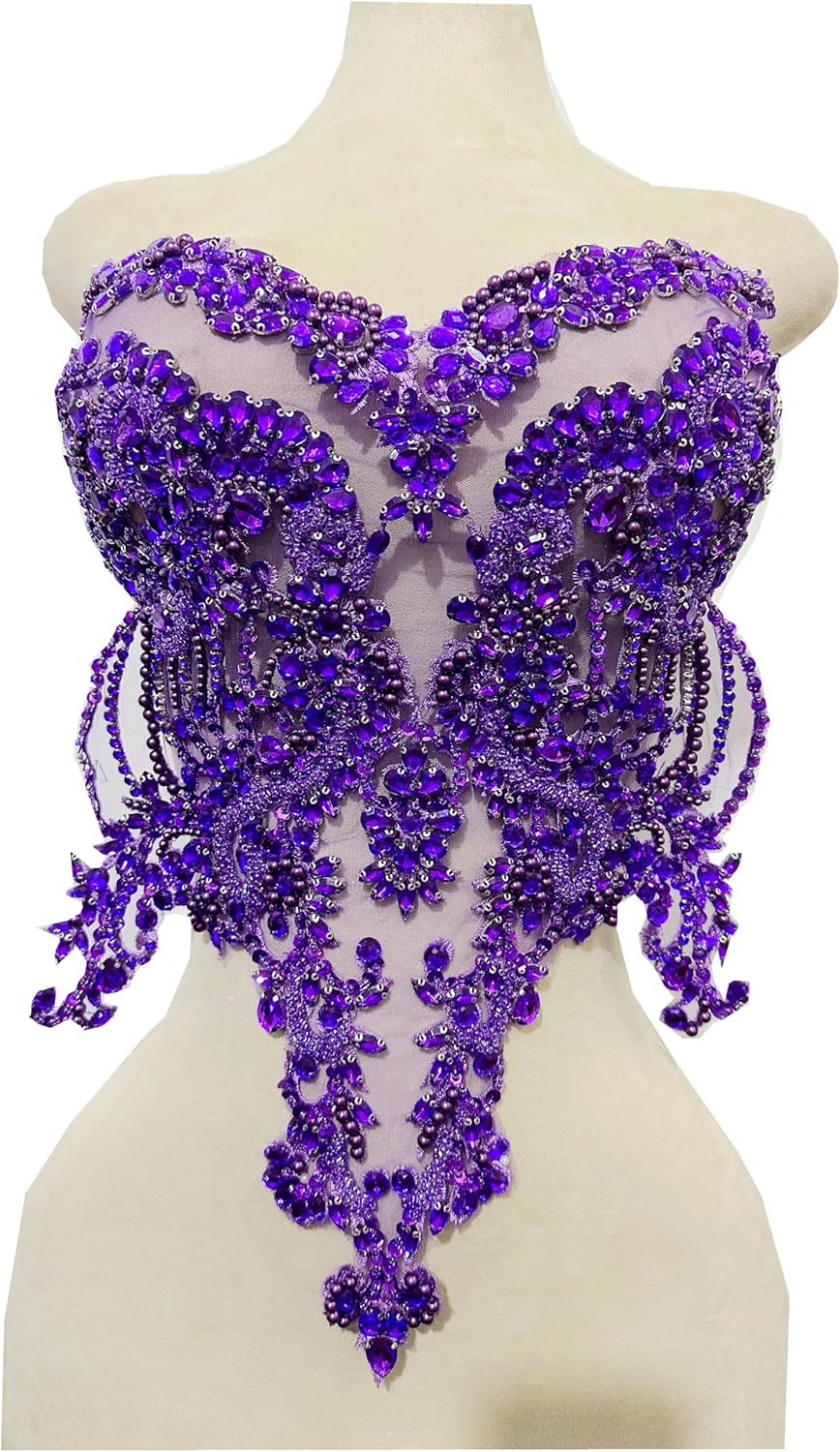 Handmade Rhinestones Lace Bodice Applique for Dress Clothes