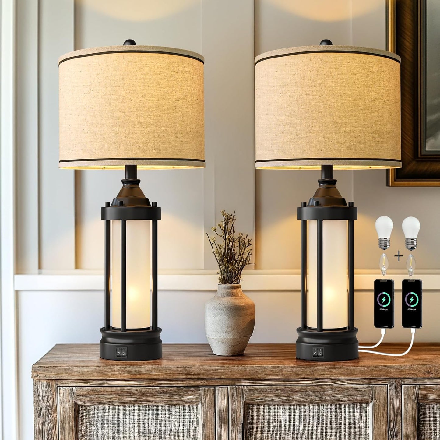 25 in Table Lamps Set of 2 for Bedroom Living Room with USB Ports