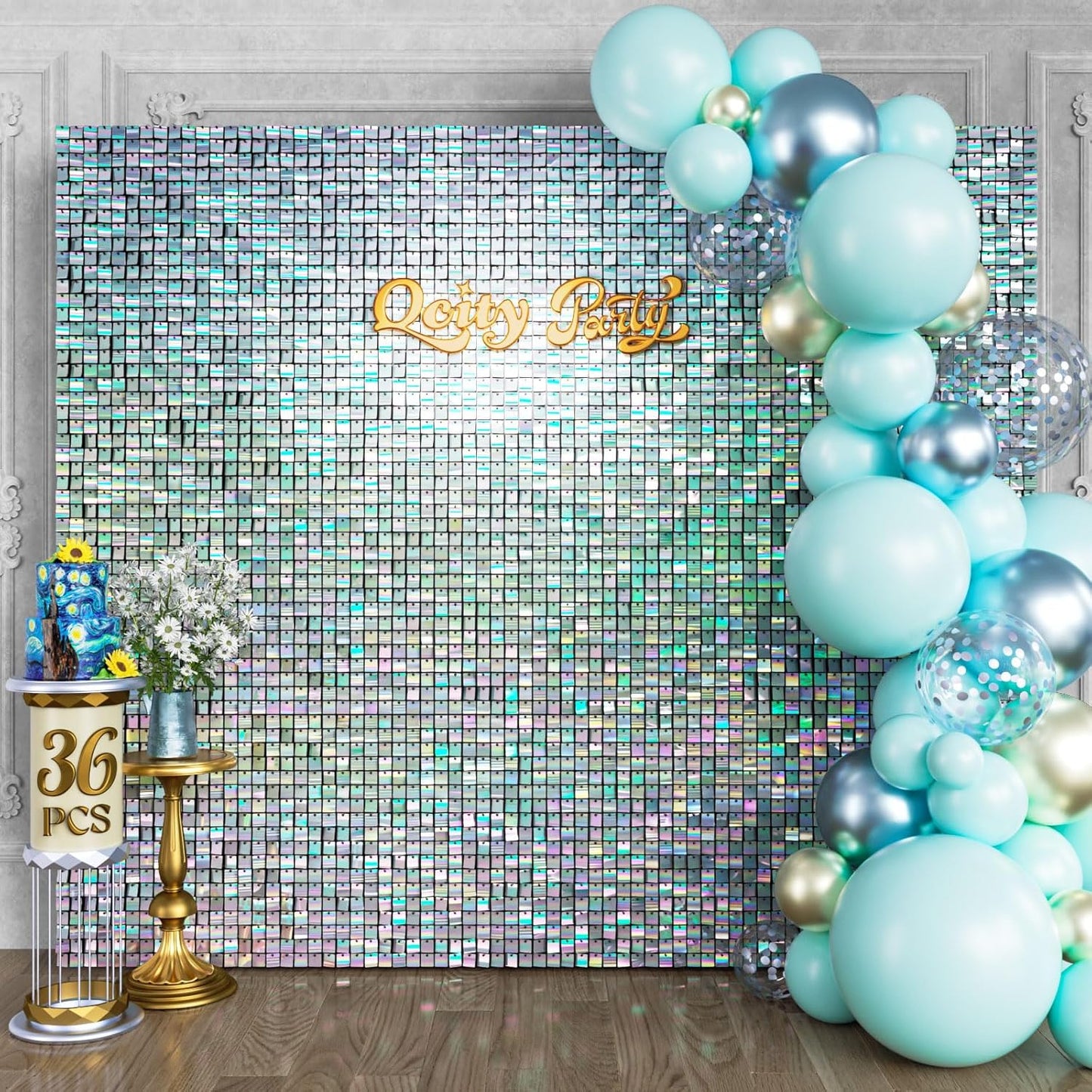 Qcity Iridescent Silver Shimmer Wall Backdrop for Events