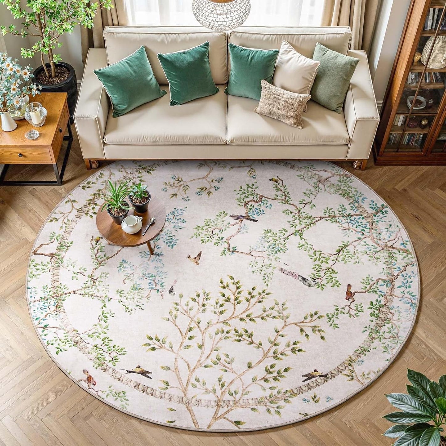 jinchan Round Rugs 7ft Ivory Botanical Birds Print for Home