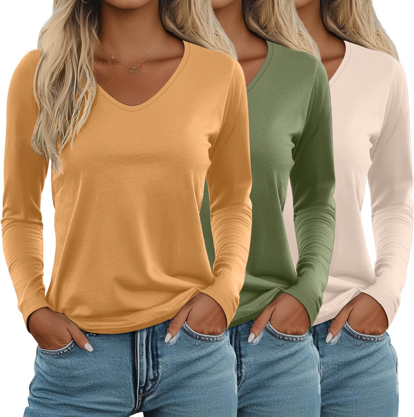 Ficerd Women's Long Sleeve V Neck T Shirts - 3 Pack Casual Tops