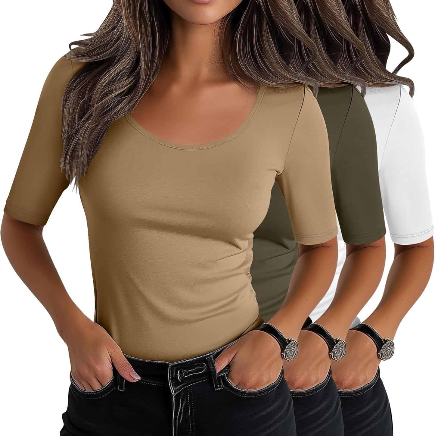 Neer Women's Scoop Neck Stretchy Tops for Casual Summer Wear