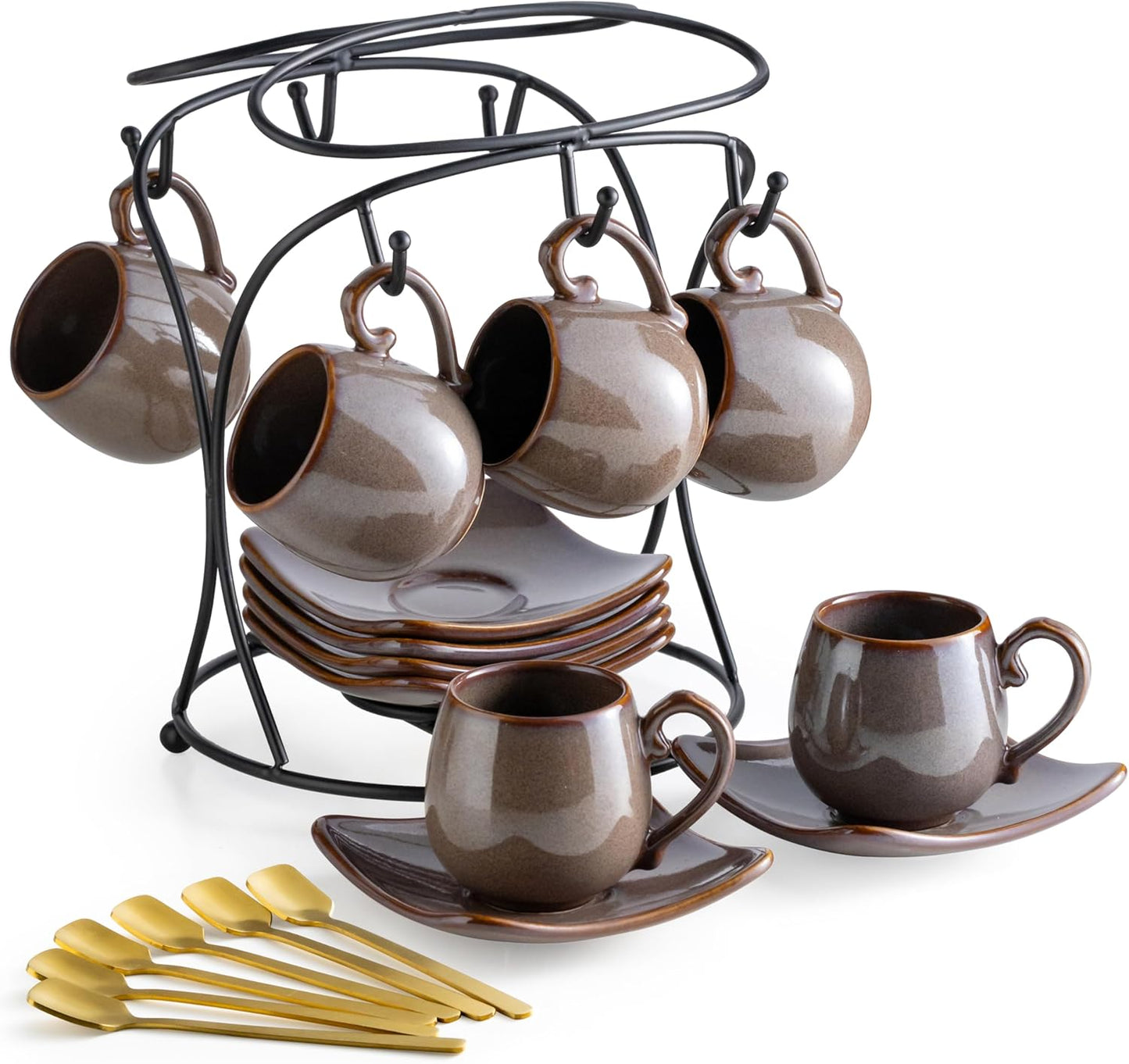 3oz Espresso Cups Set of 6 with Saucers and Holder for Coffee