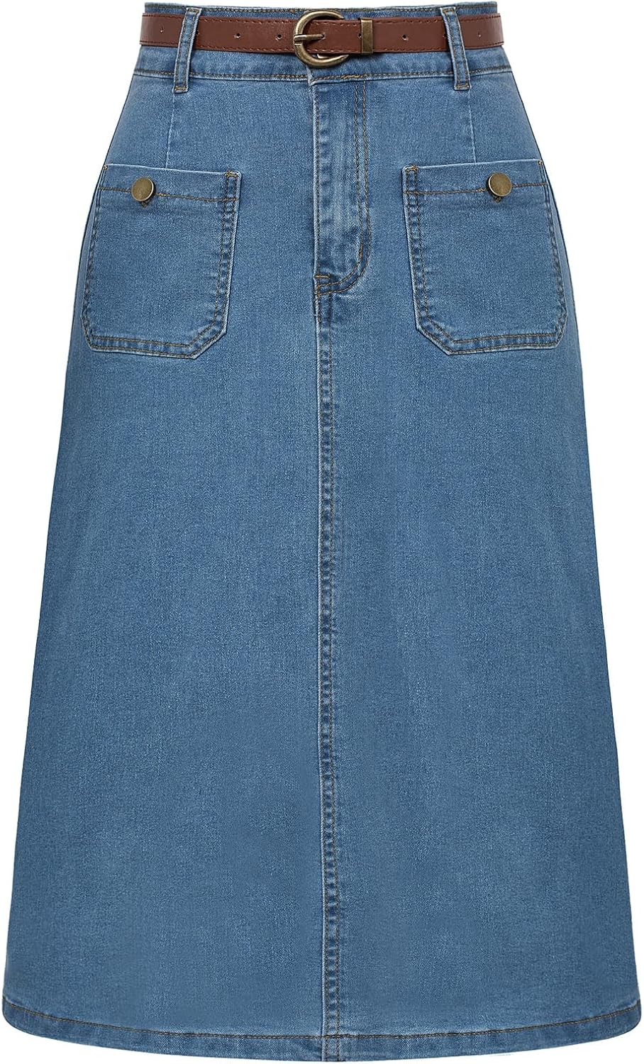 Belle Poque Denim Skirt with Belt for Women Below Knee Length