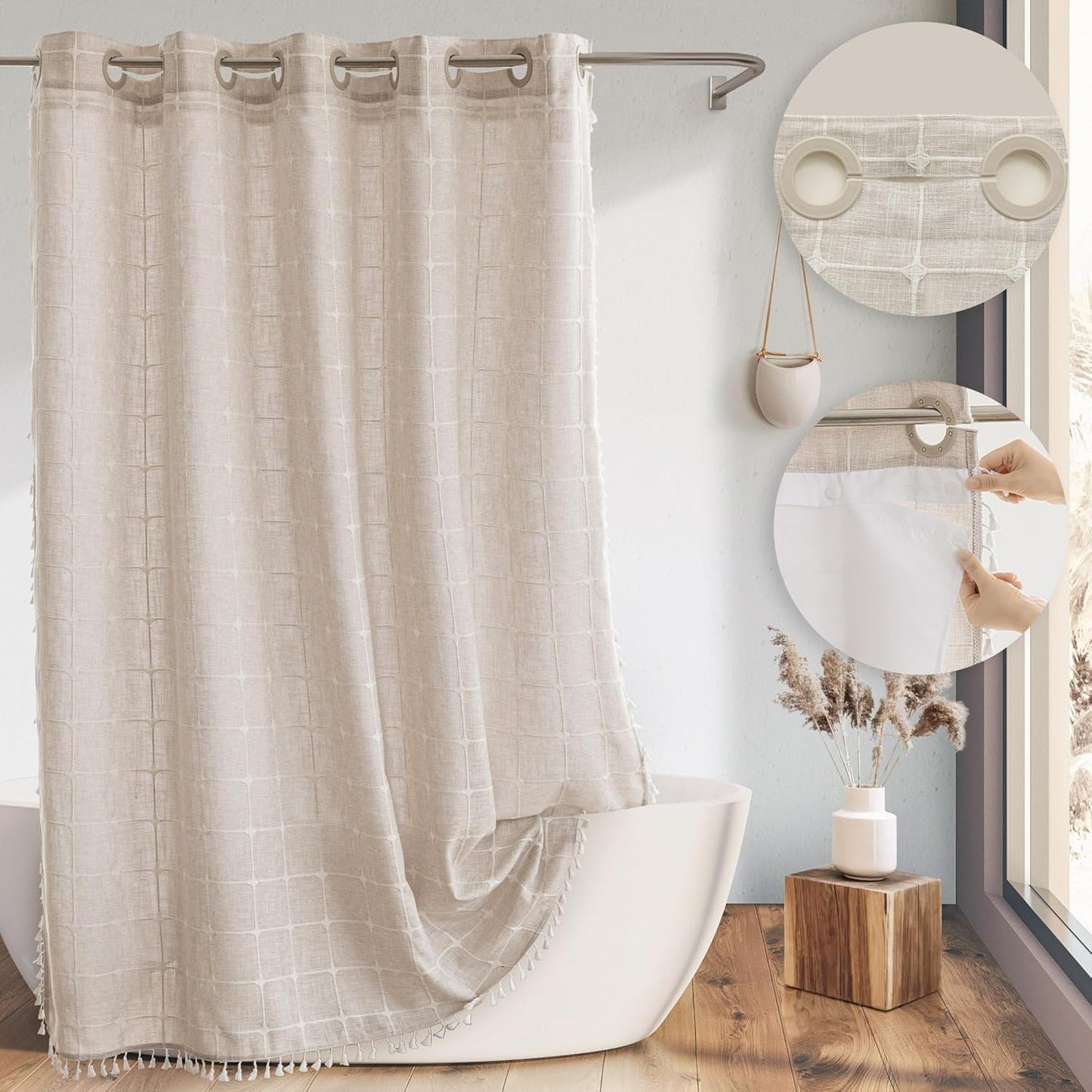 Boho Farmhouse Shower Curtain with Snap-in Liner for Decor