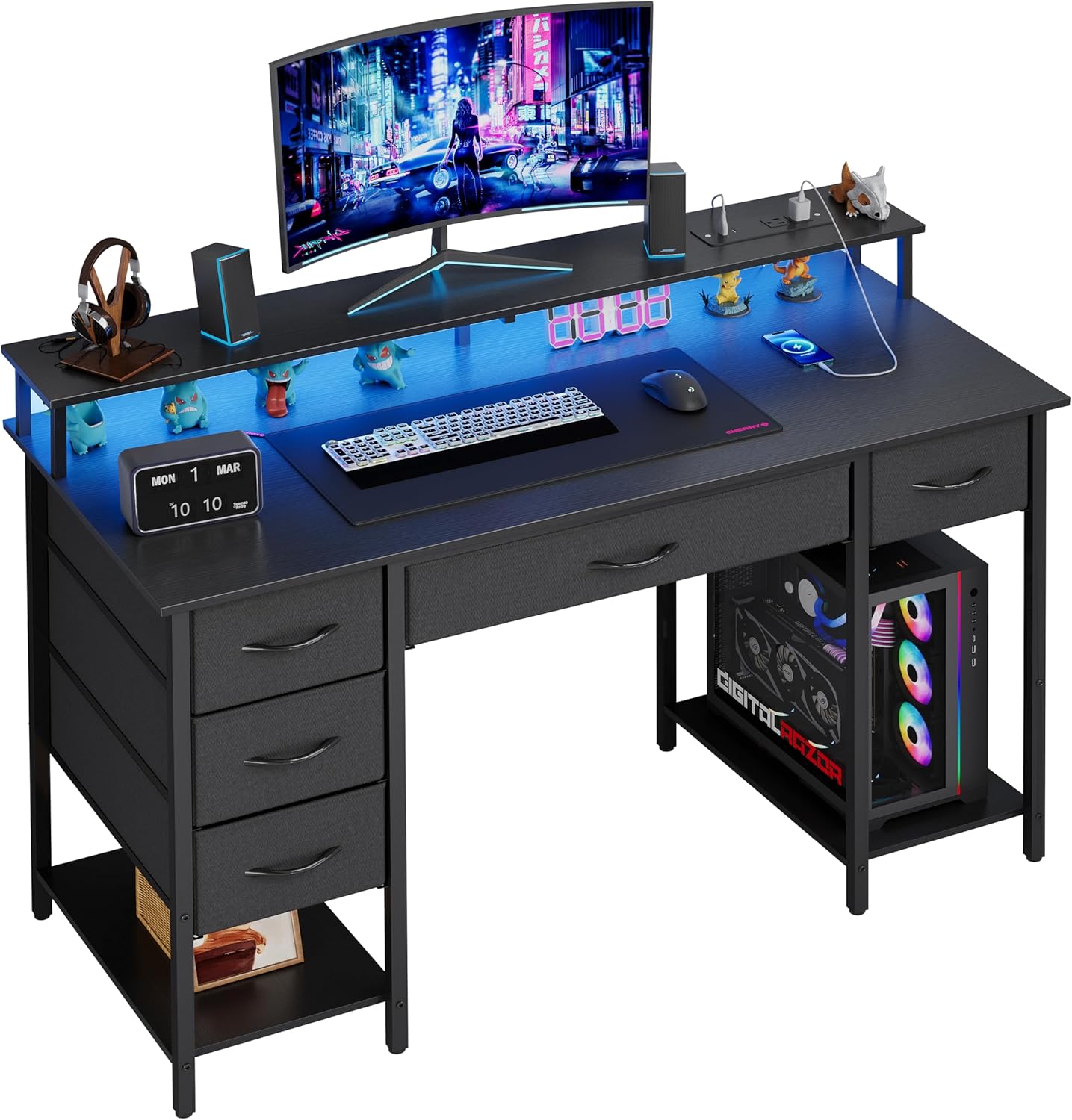 47-Inch Gaming Desk with Drawers, Power Outlets & LED Lights