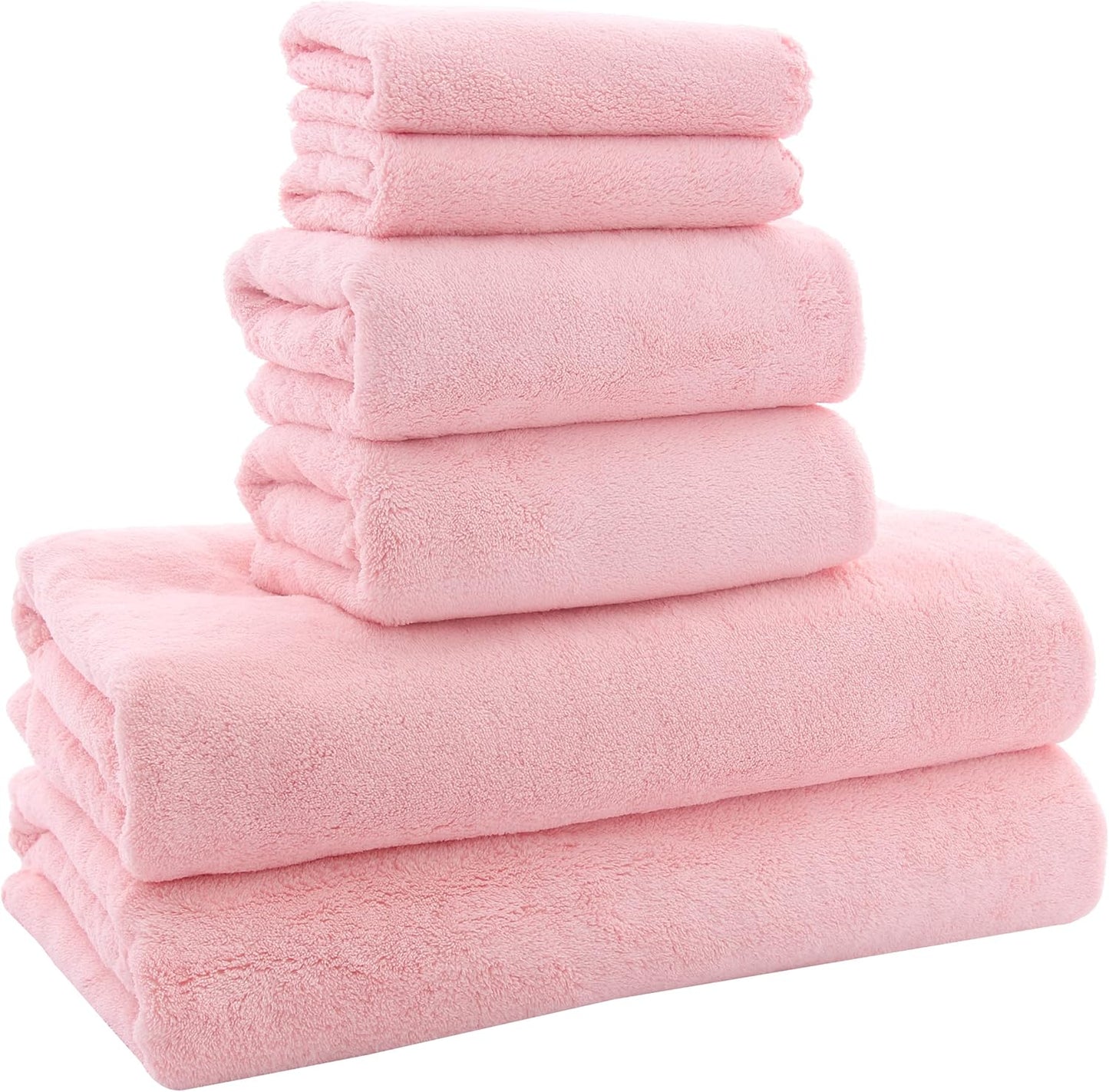 Ultra Soft Quick Dry Towel Set - Highly Absorbent Microfiber - 6 Pcs, Pink