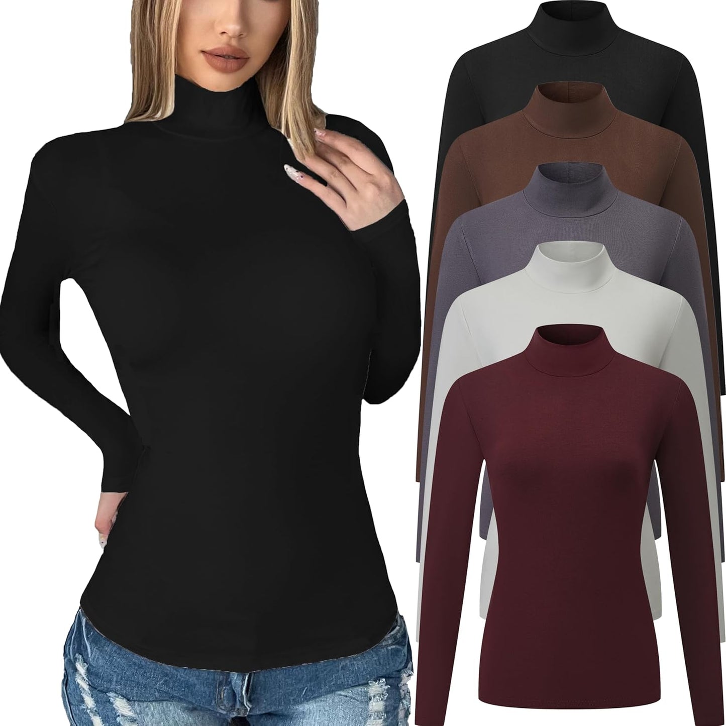 5 Pack Womens Long Sleeve Tops Mock Turtleneck Basic T Shirt