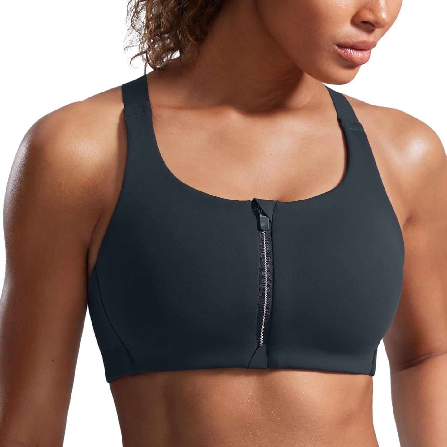 CRZ YOGA Womens Zip Front High Impact Sports Bra for Comfort