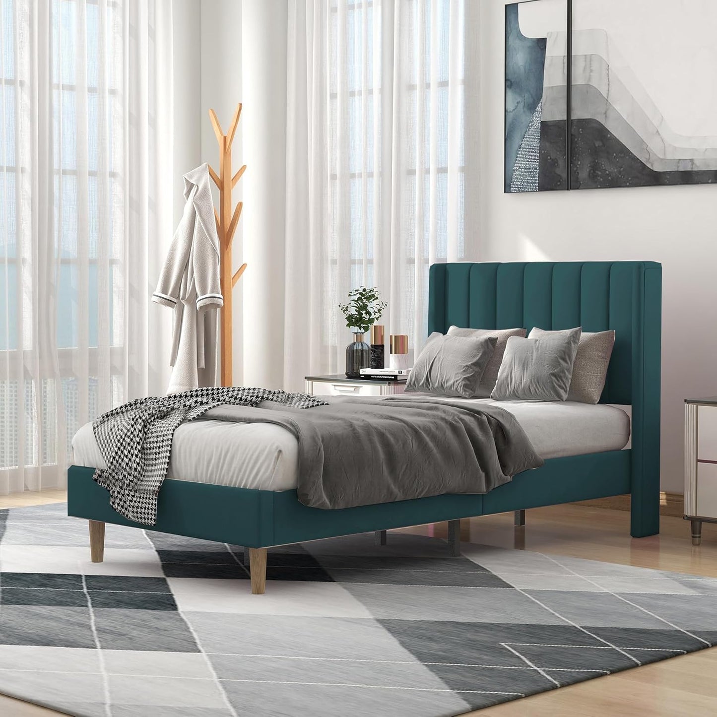 Stylish Upholstered Twin Size Bed Frame with Wingback Design