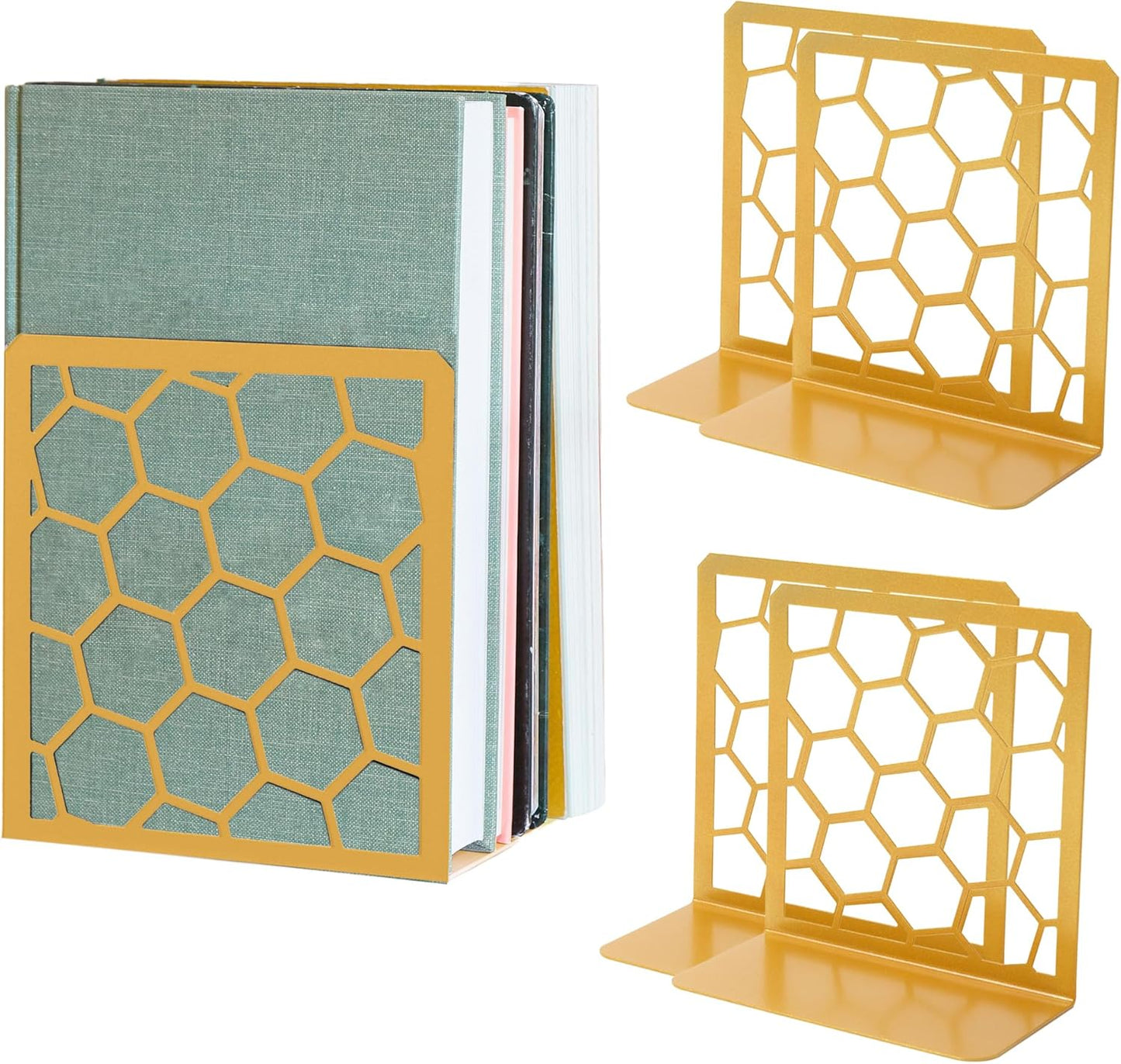 Geometric Honeycomb Gold Metal Bookends for Stylish Decor