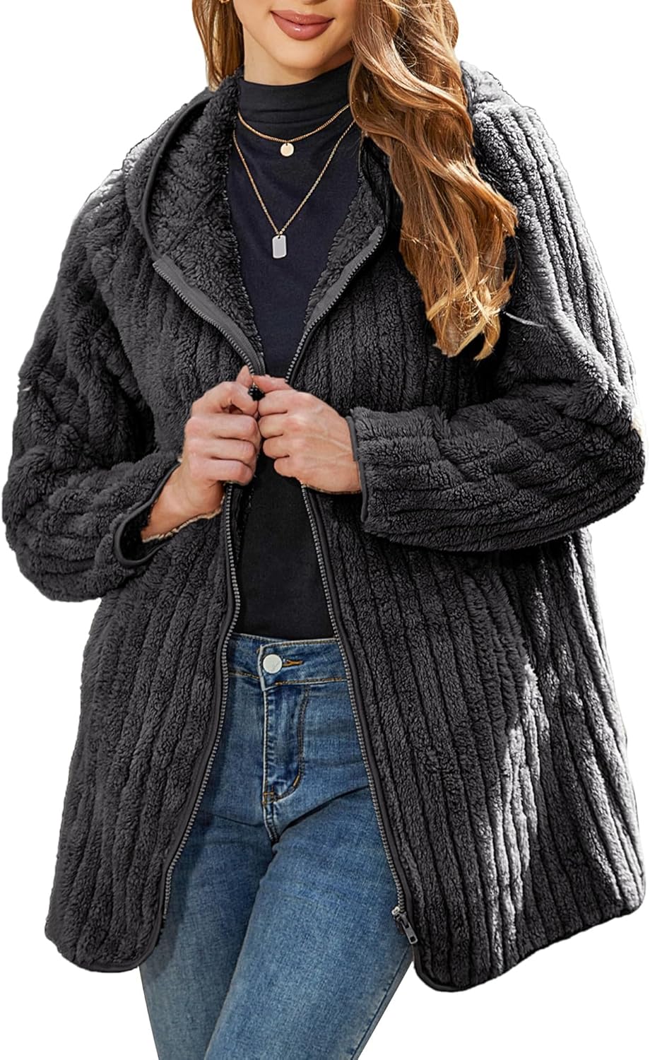 Womens Fleece Jacket Hooded Winter Warm Full Zip Long Sleeve