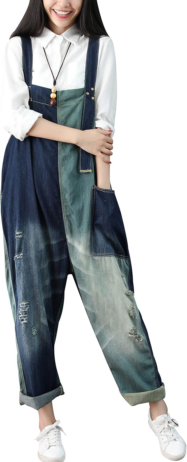 Yeokou Women's Loose Baggy Denim Wide Leg Jumpsuit Rompers