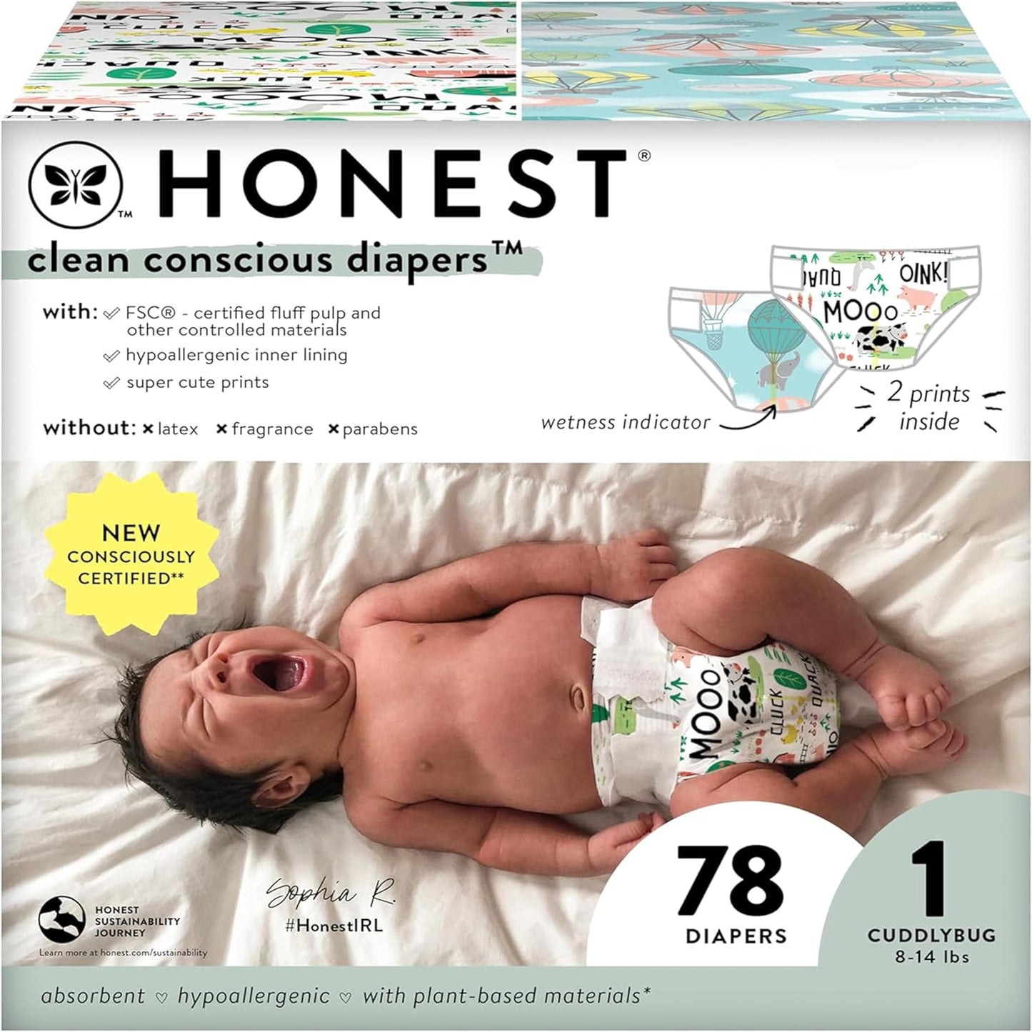 The Honest Co. Plant-Based Diapers | Above It All Prints | Size 1, 78 ct