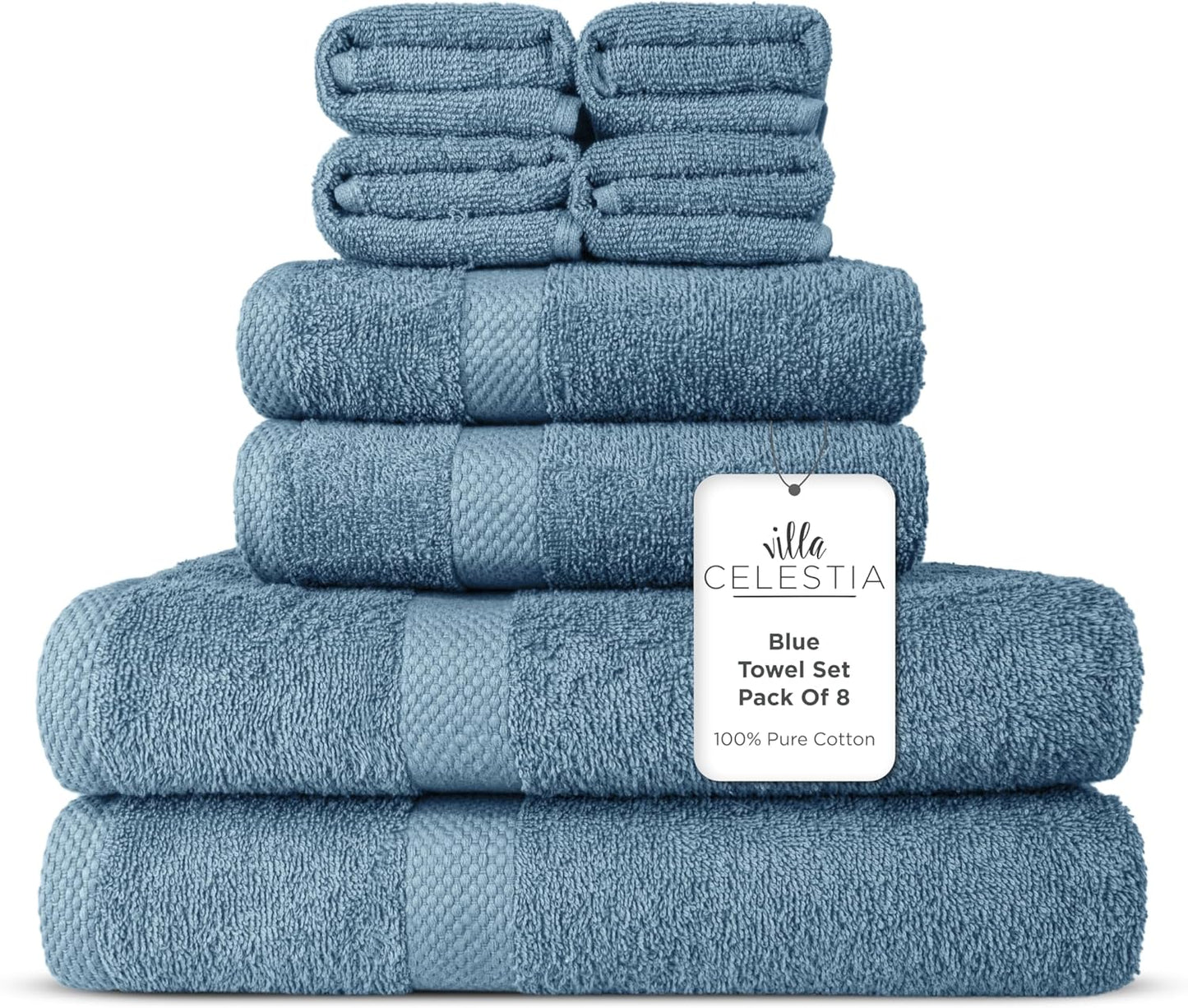 Luxurious 100% Combed Cotton Bathroom Towel Set of 8 in Blue