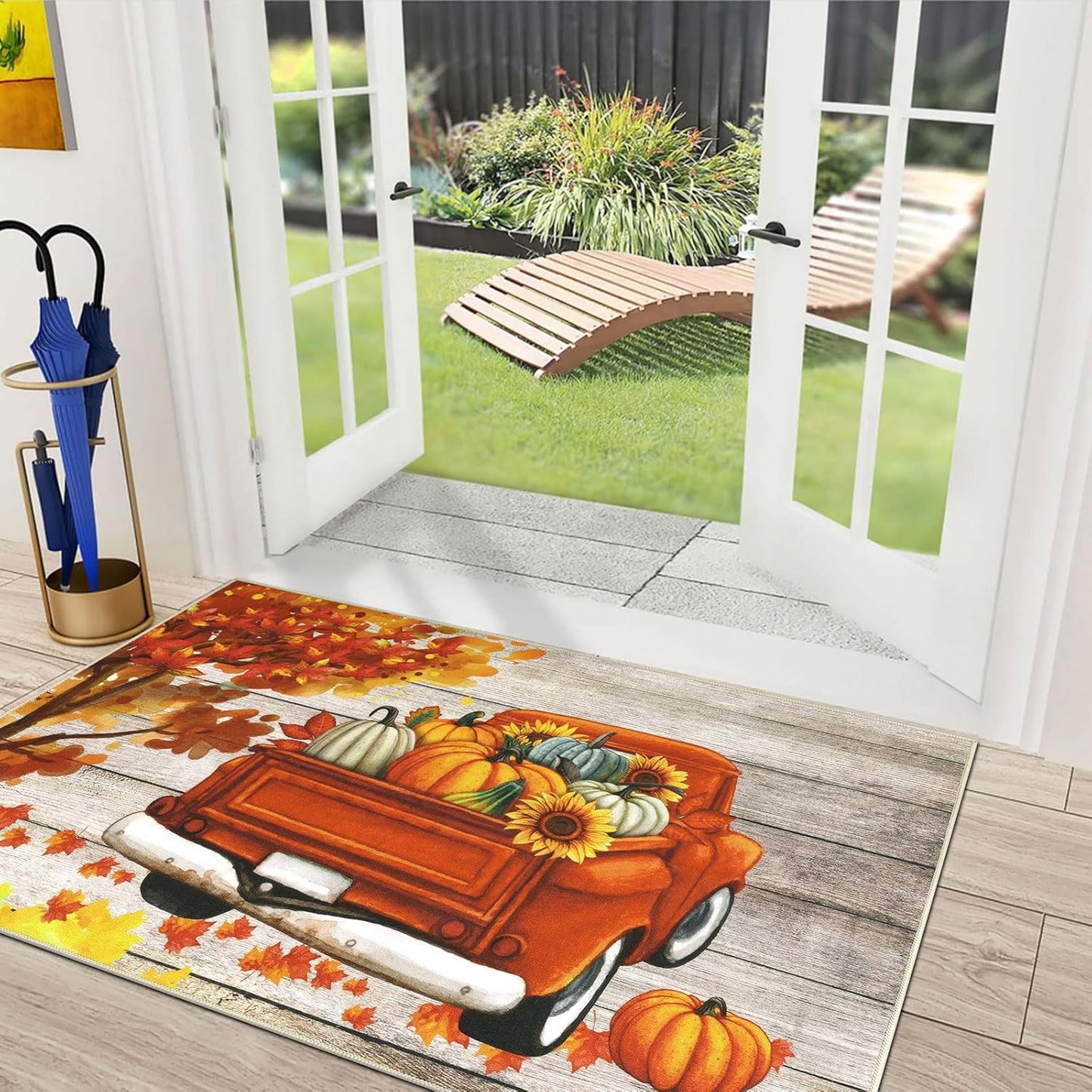 U'Artlines Fall Front Door Mat with Vintage Truck and Pumpkin