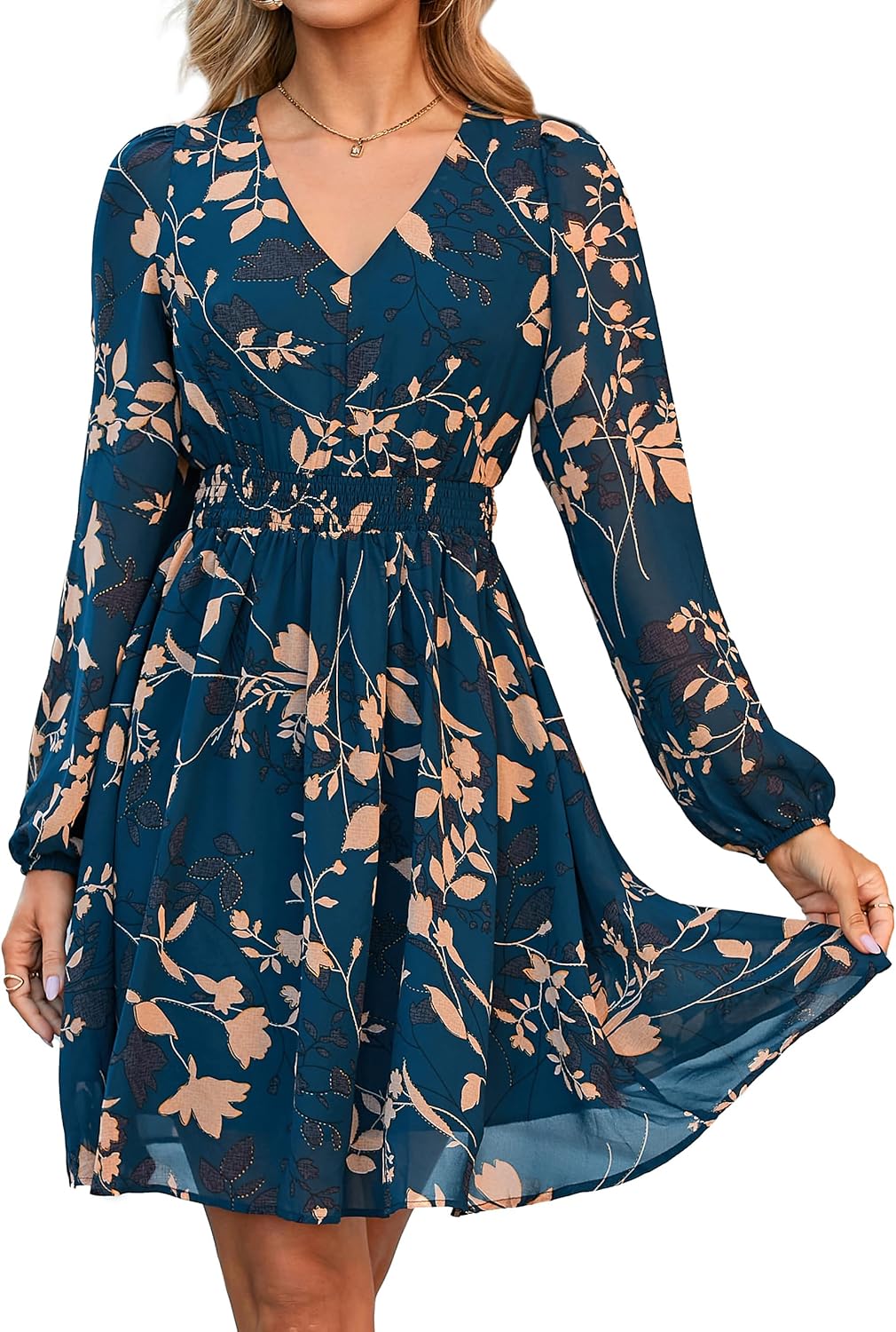 Simplee Womens Floral Mini Dress Long Sleeve Casual V Neck