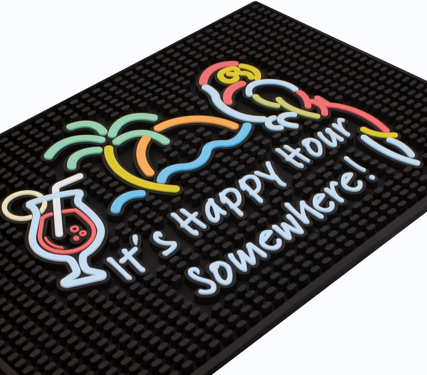 Tiki Bar Happy Hour Sign Rubber Bar Mat for Bartending Fun