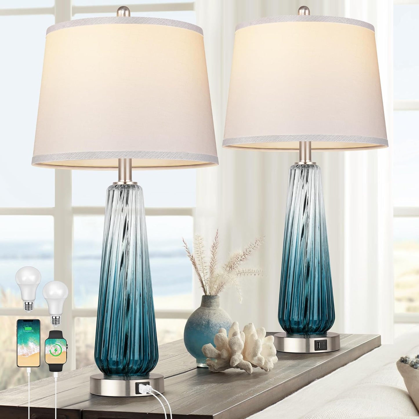 Touch Control Table Lamps Set of 2 with USB Ports for Bedrooms