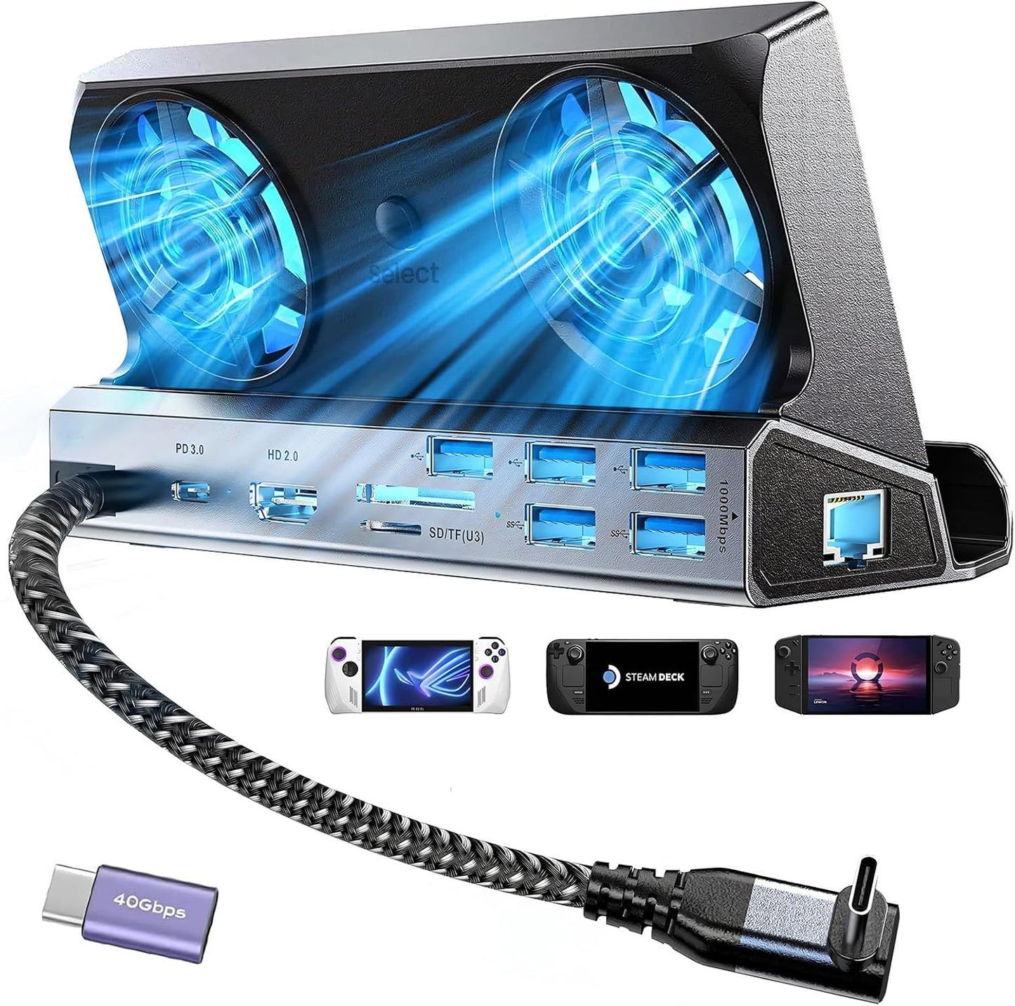 Docking Station for Steam Deck with Dual Cooling Fans and 10 Ports
