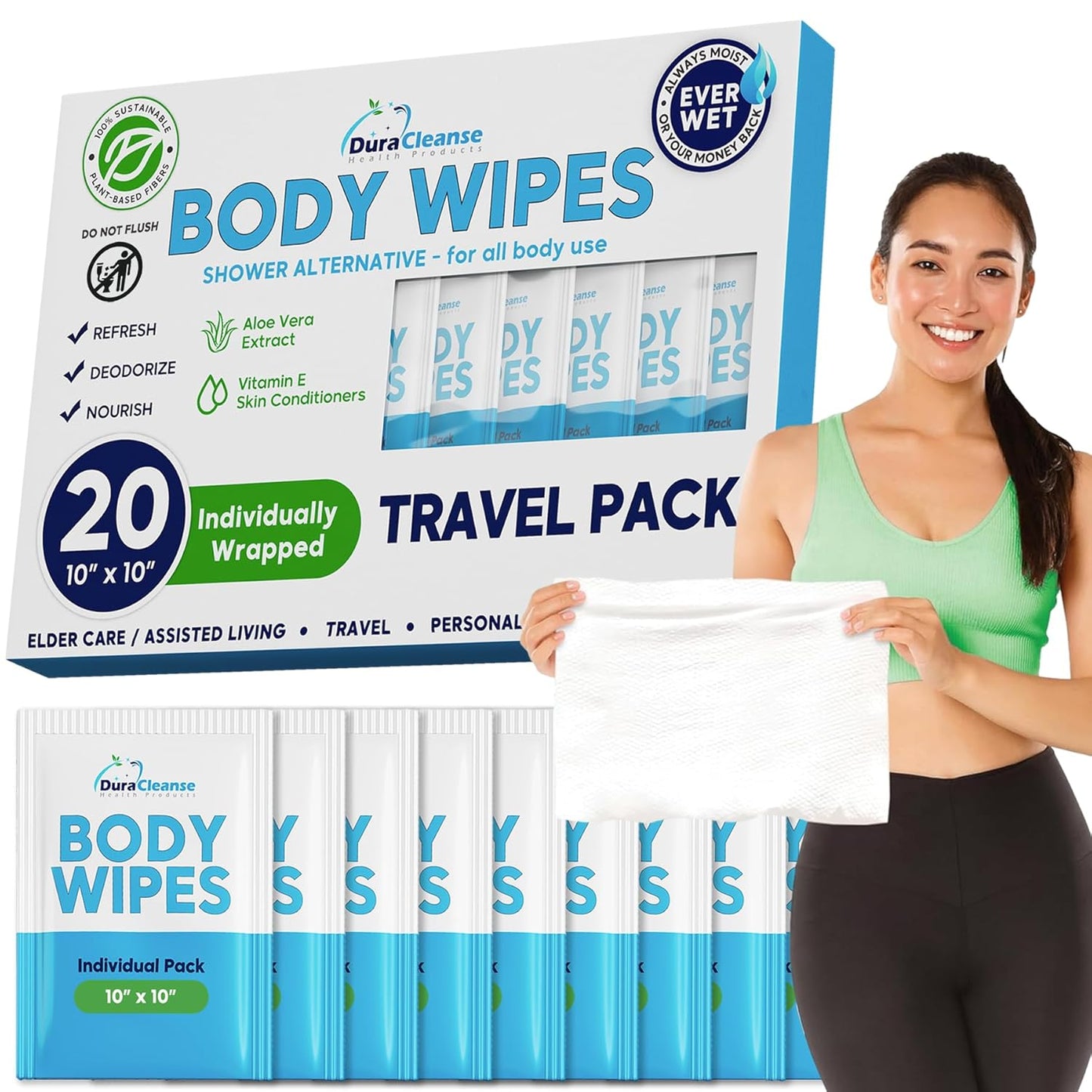 Duracleanse No Rinse Body Wipes - Thick Cleansing Travel Wipes, 20 Count