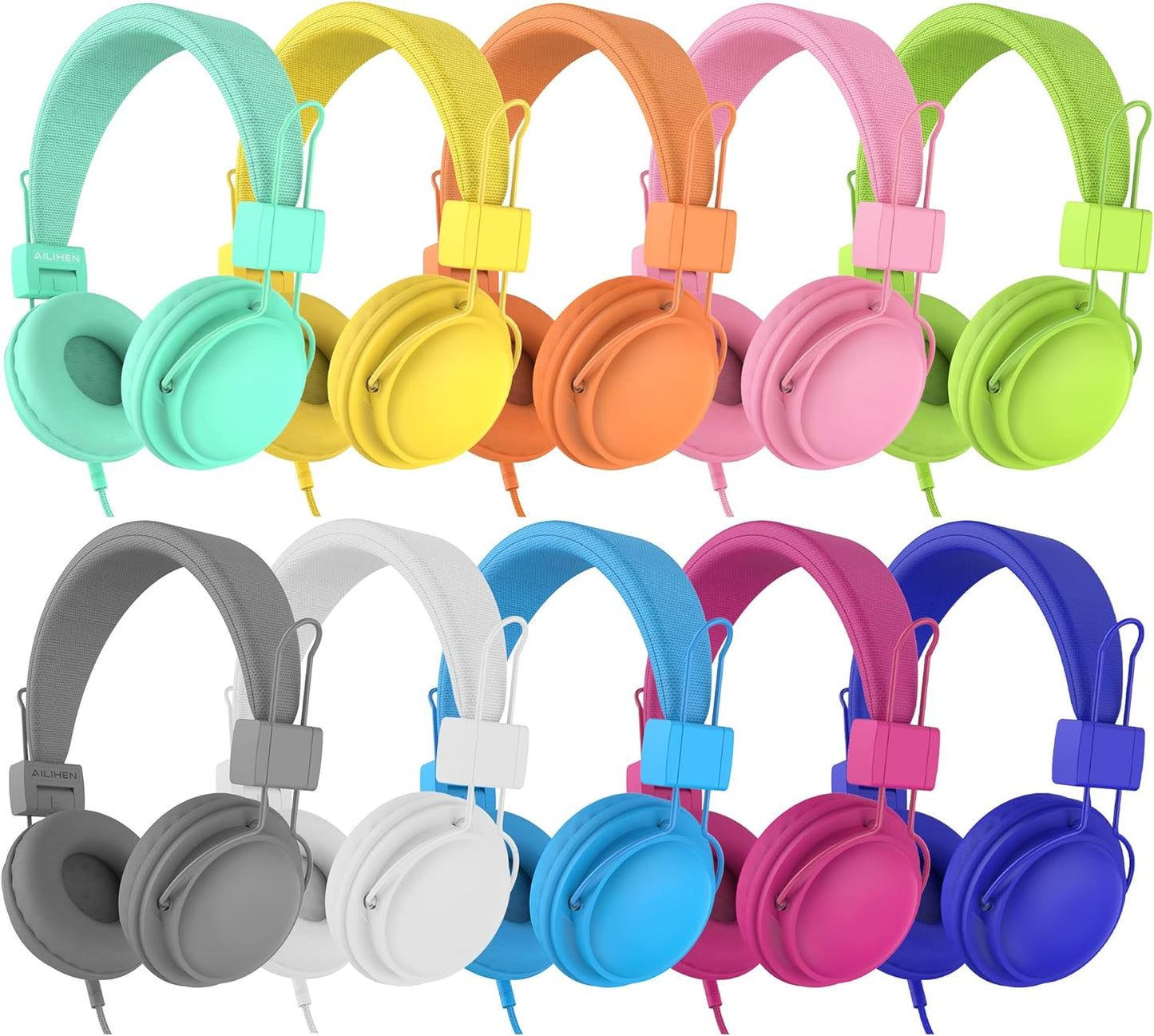 10-Pack AILIHEN Kids Headphones: Safe Volume Limit, Microphone, Sharing