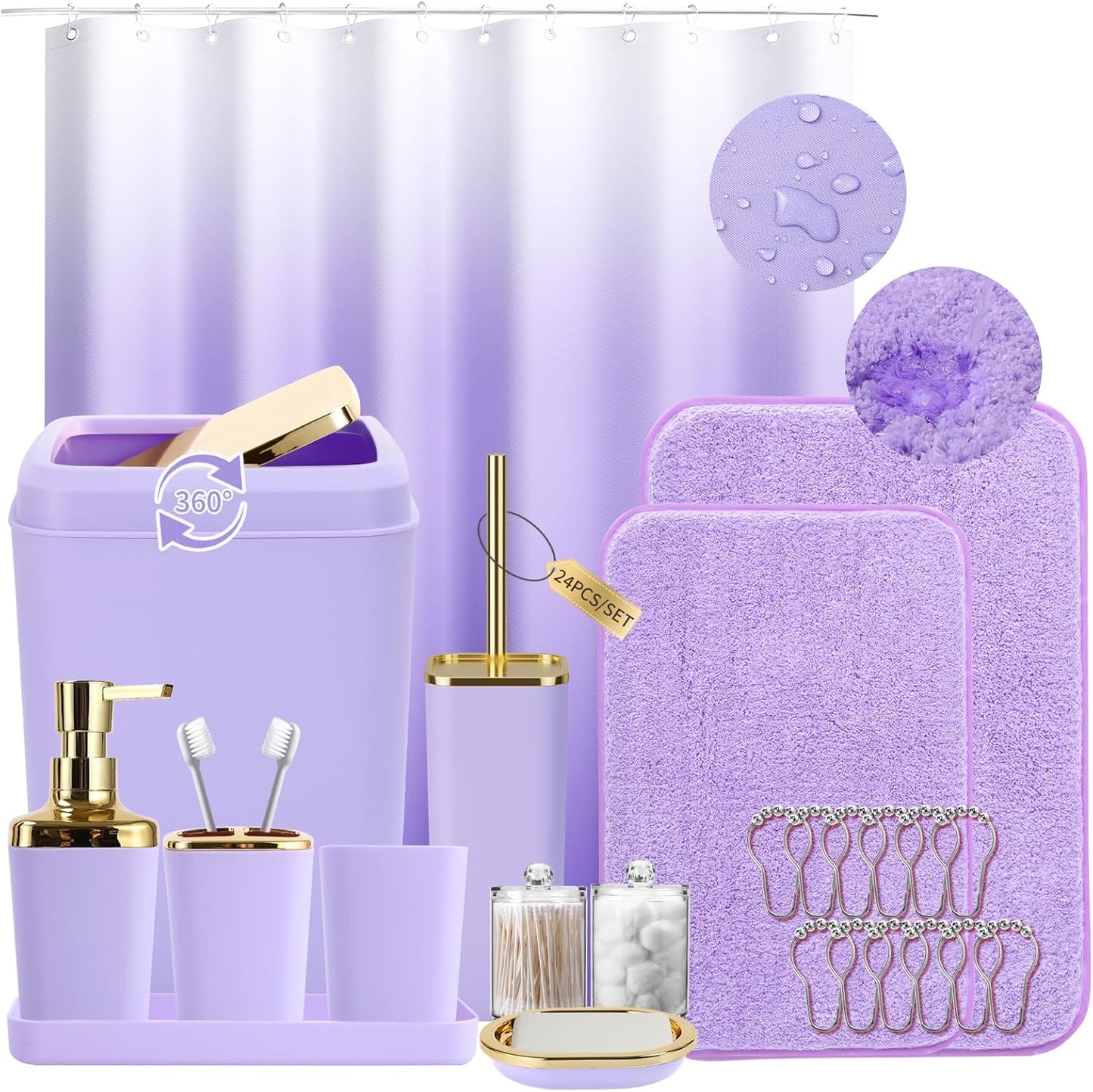 Purple Bathroom Set with Shower Curtain and Rugs - 24PCS Complete
