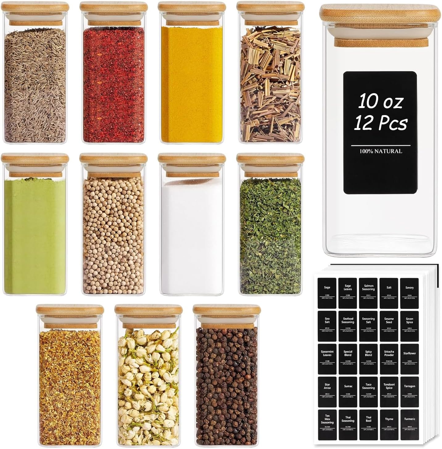 12Pcs Glass Spice Jars with Bamboo Lid for Organized Storage