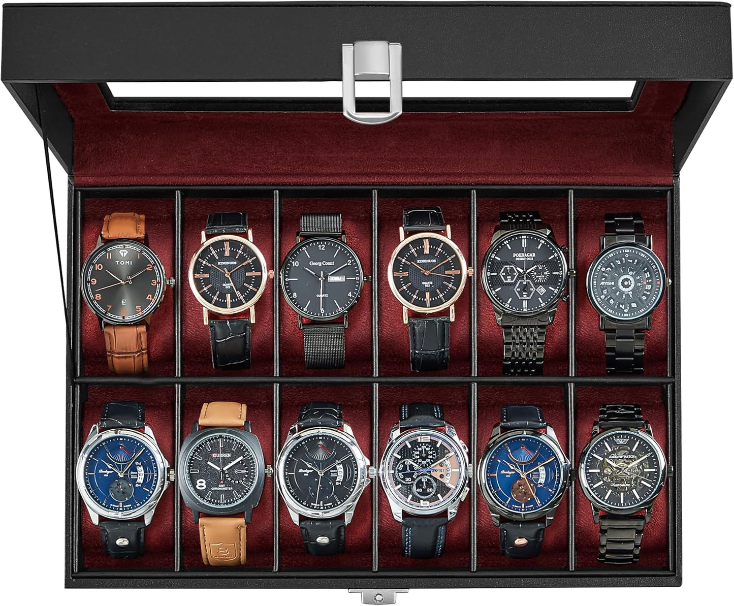 12-Slot Watch Box Organizer with Glass Lid for Watch Lovers