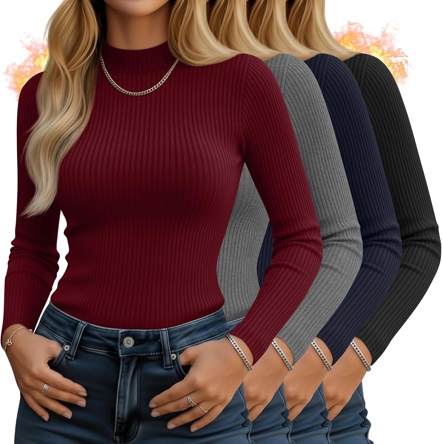 4 Pack Women's Mock Neck Long Sleeve Tops for Stylish Comfort