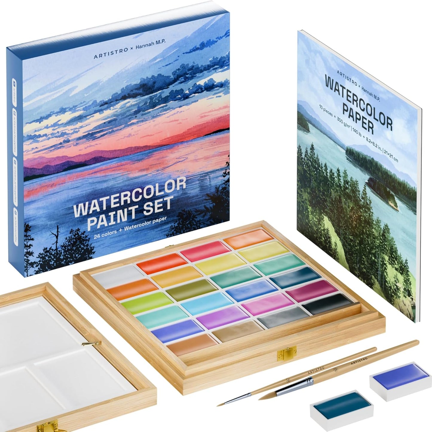 Professional Watercolor Paint Set with Bamboo Box and Brushes