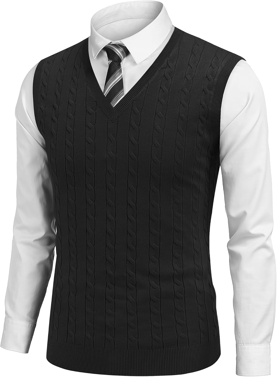 Men's Cable Knitted V Neck Sweater Vest Slim Fit Pullover