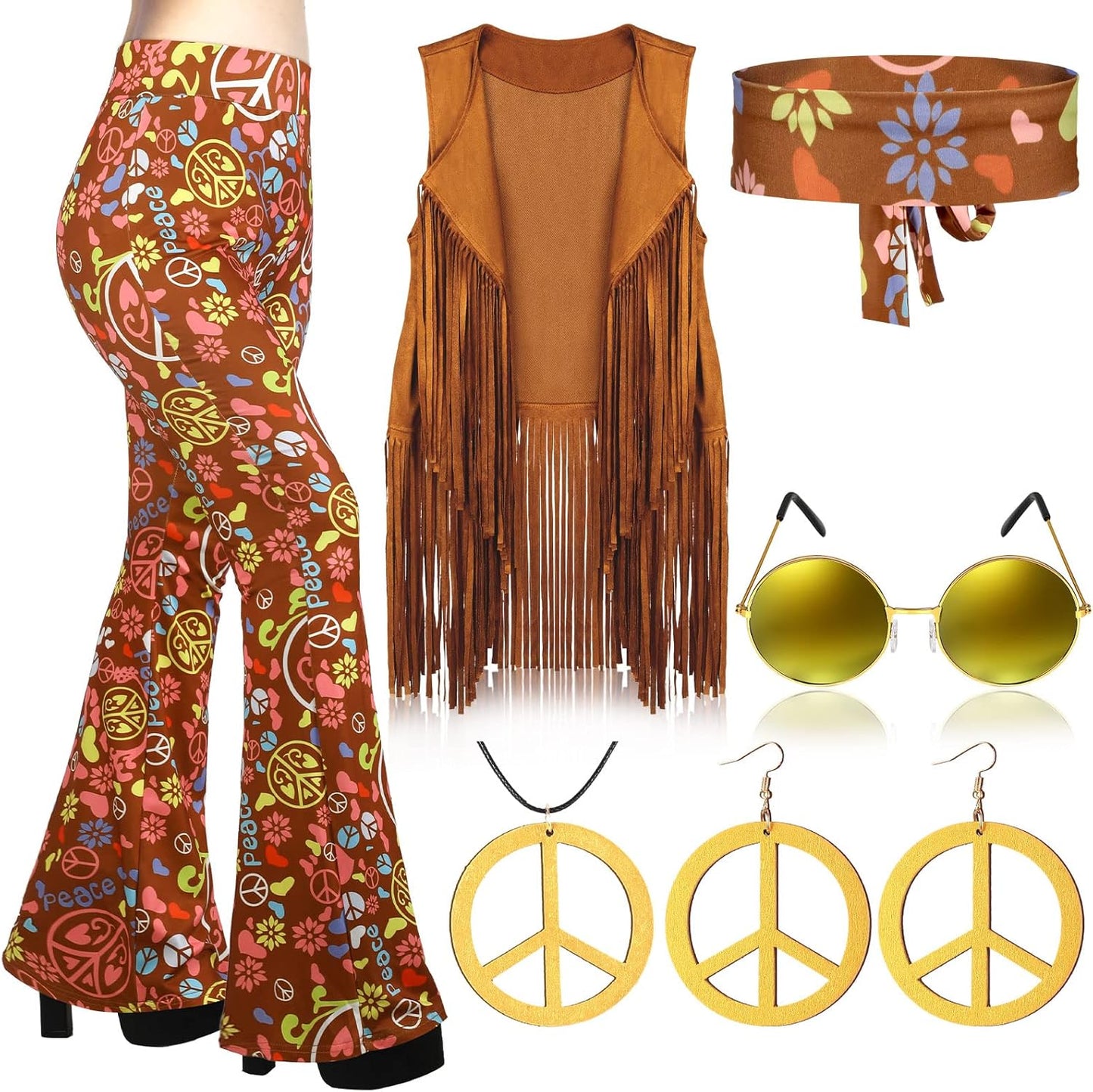 60s 70s Hippie Costume Set for Women with Flared Pants & Accessories