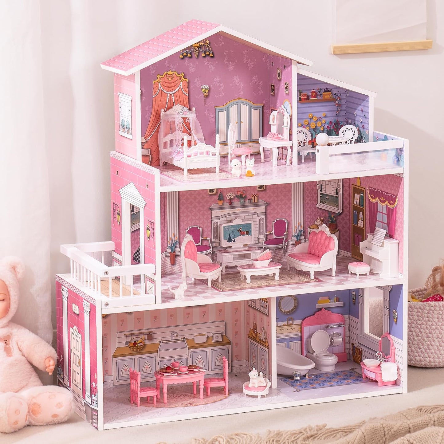 ROBUD Wooden Dollhouse Playset with 24 PCS Furniture for Kids