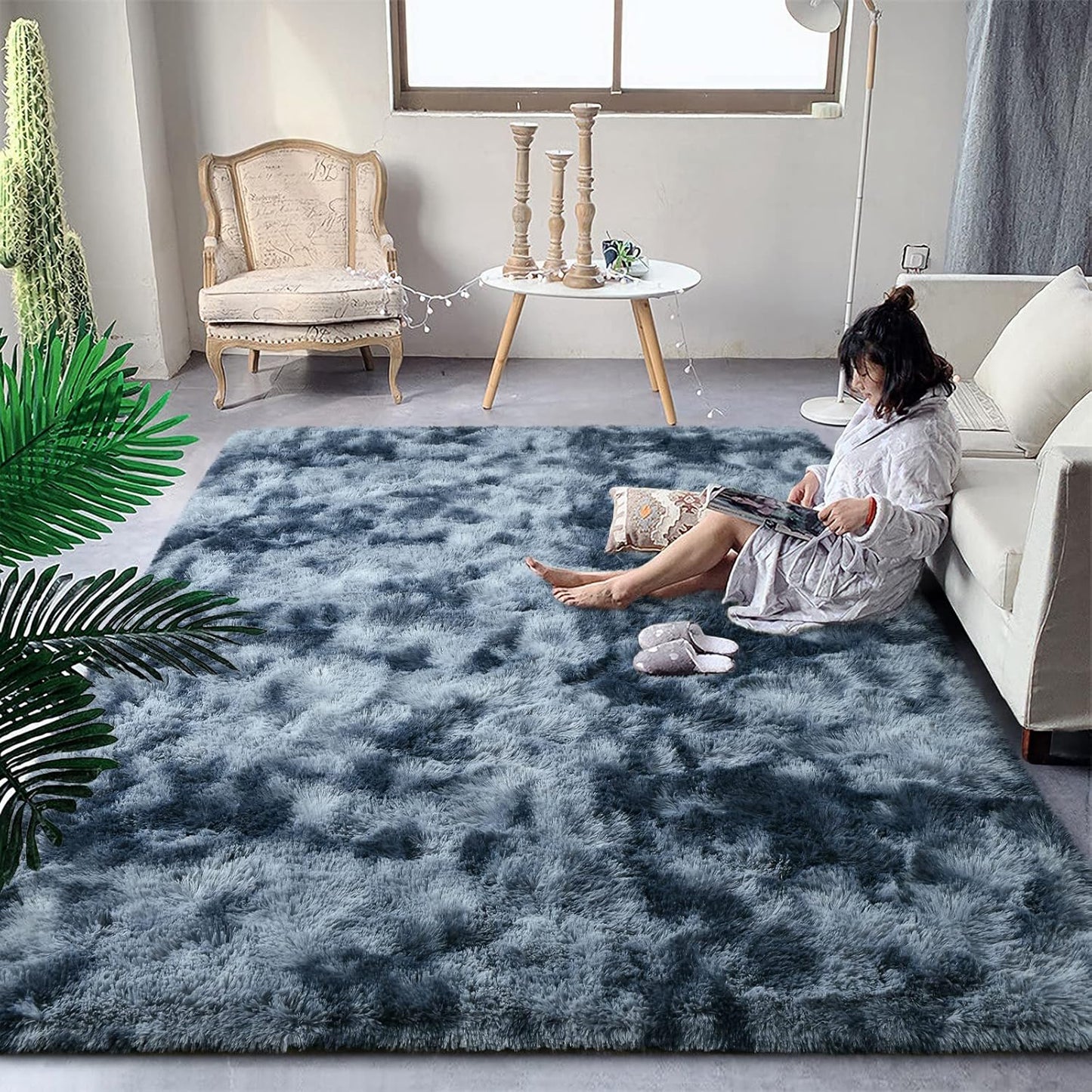 DweIke Fluffy Blue Grey Rugs for Bedroom and Living Room