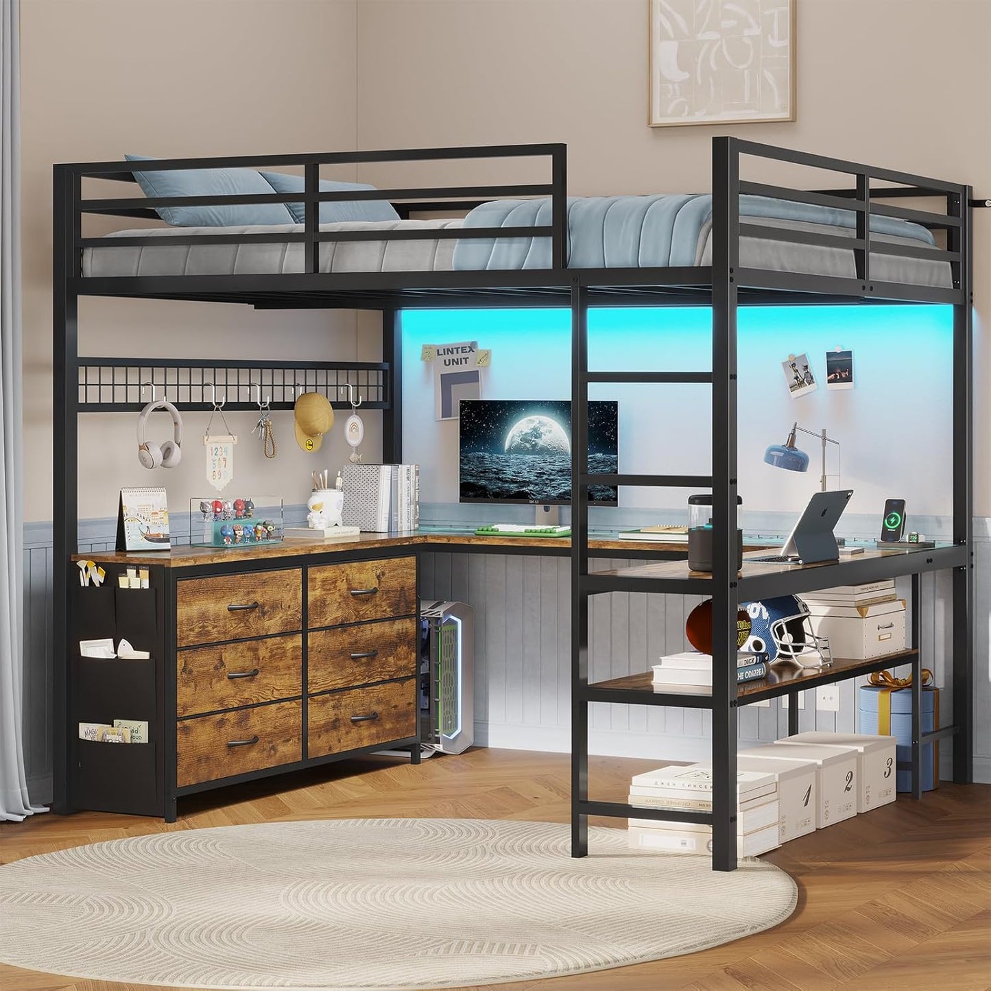 ADORNEVE Loft Bed Full Size with U-Shaped Desk and Storage