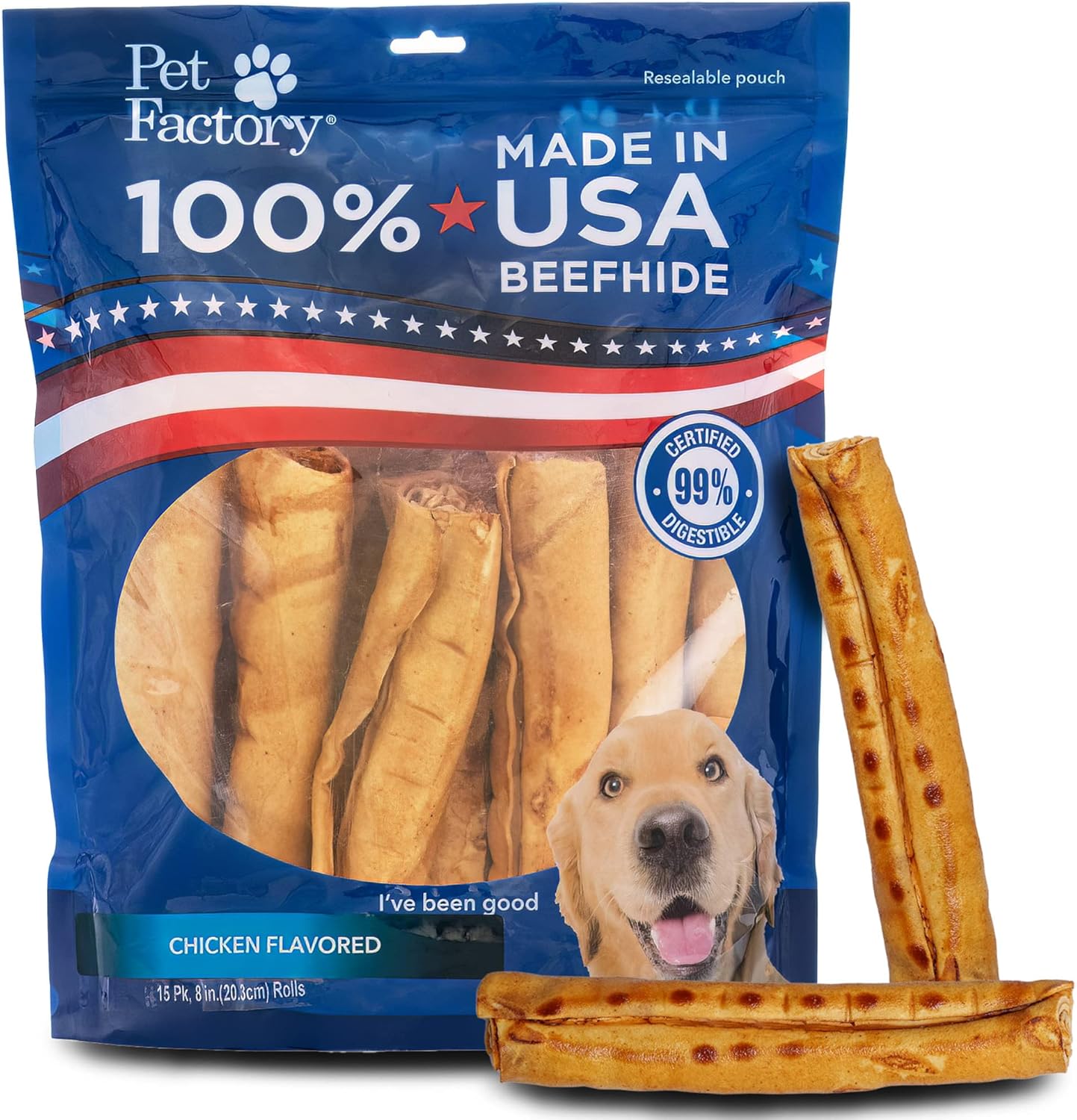 Pet Factory USA Beefhide 8in Rolls Dog Chew Treats - Chicken Flavor