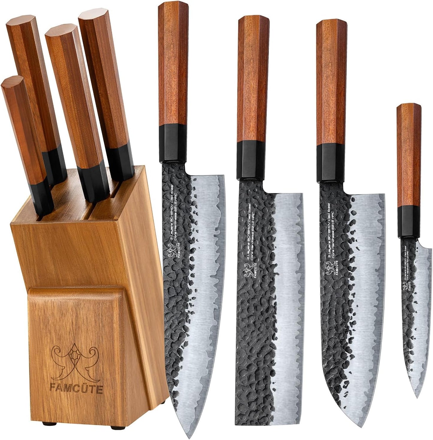 Japanese Knife Block Set with Hand Forged 9CR18MOV Steel Blades